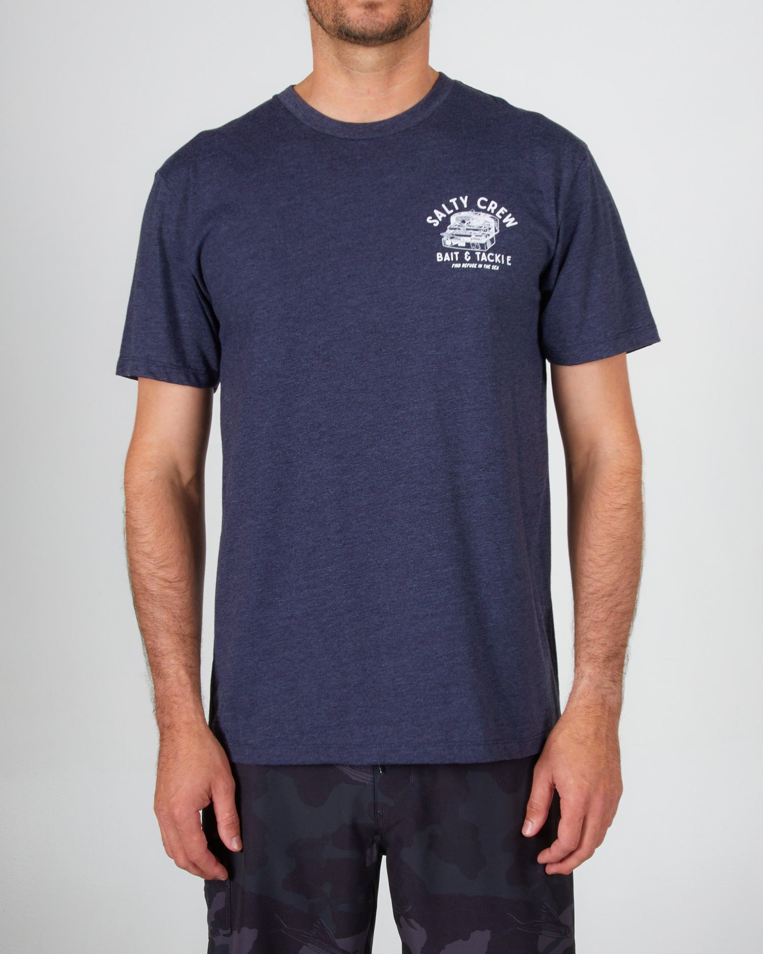 Front view of Tackle Box Navy Heather S/S Premium Tee