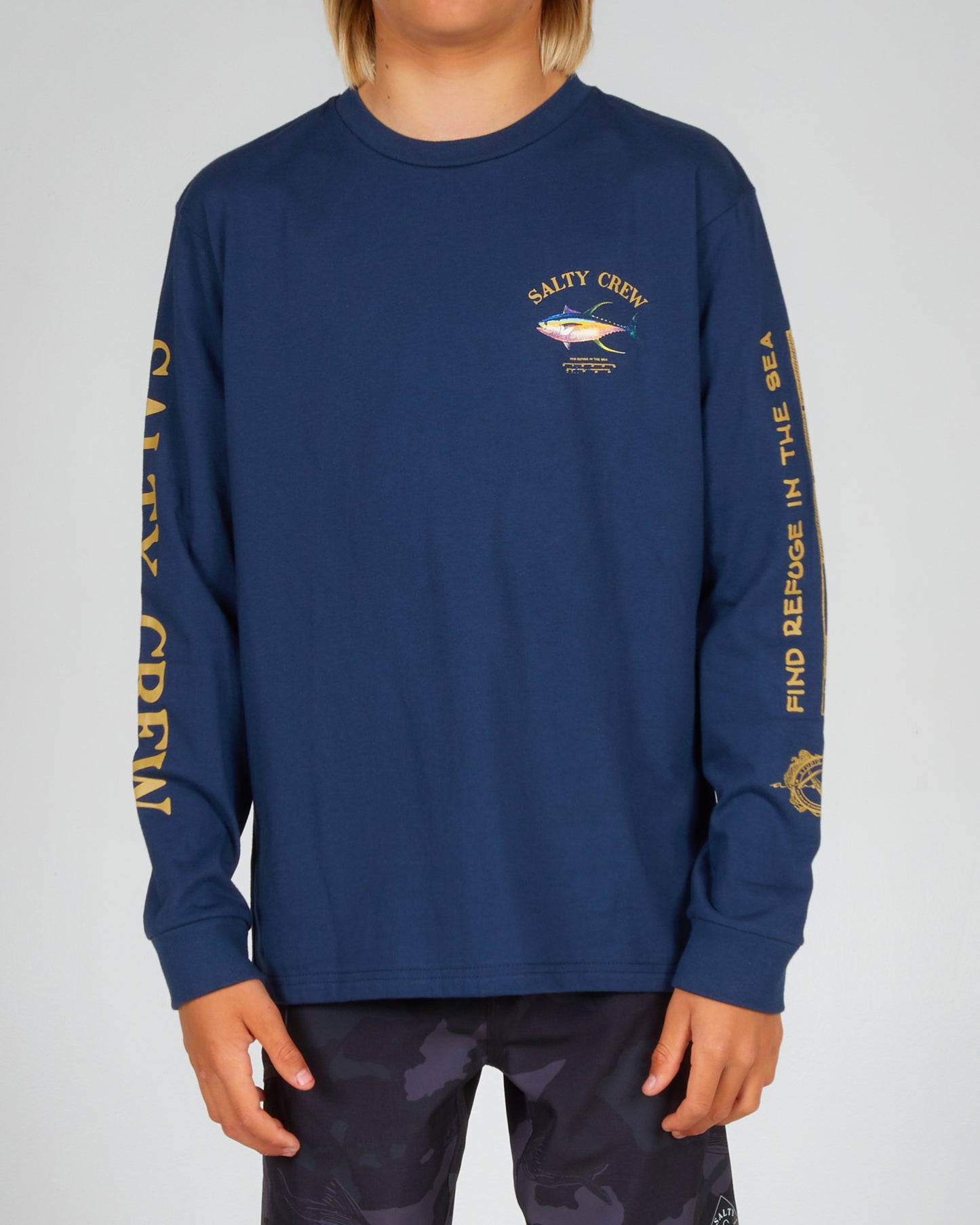 front view of Ahi Mount Boys Navy L/S Tee