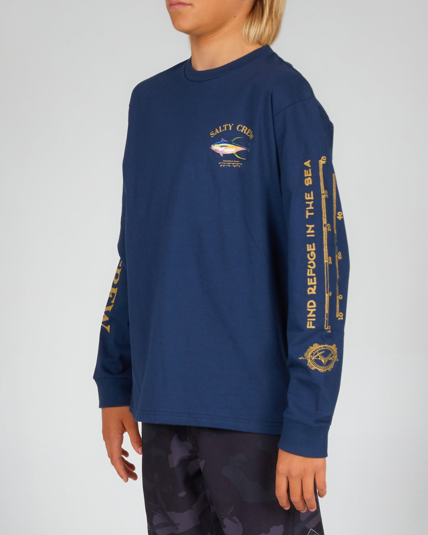 front angled Ahi Mount Boys Navy L/S Tee