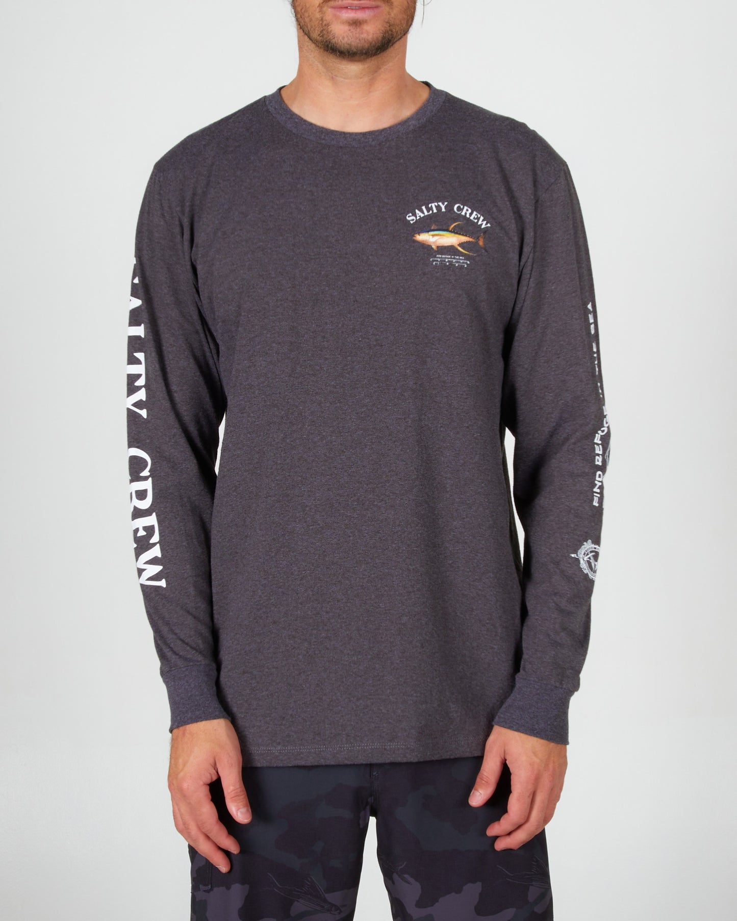 front view of Ahi Mount Charcoal Heather L/S Standard Tee