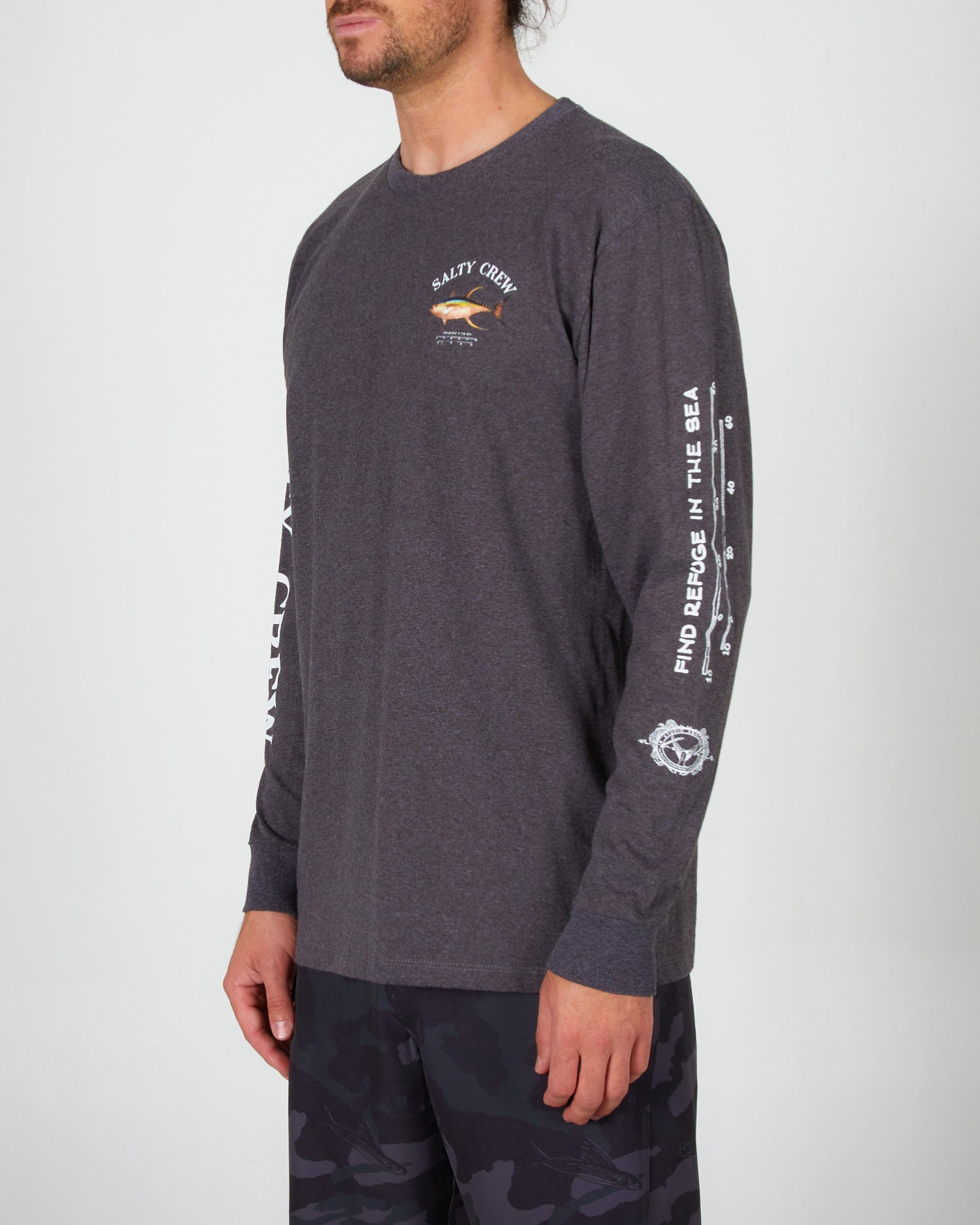 front angled Ahi Mount Charcoal Heather L/S Standard Tee