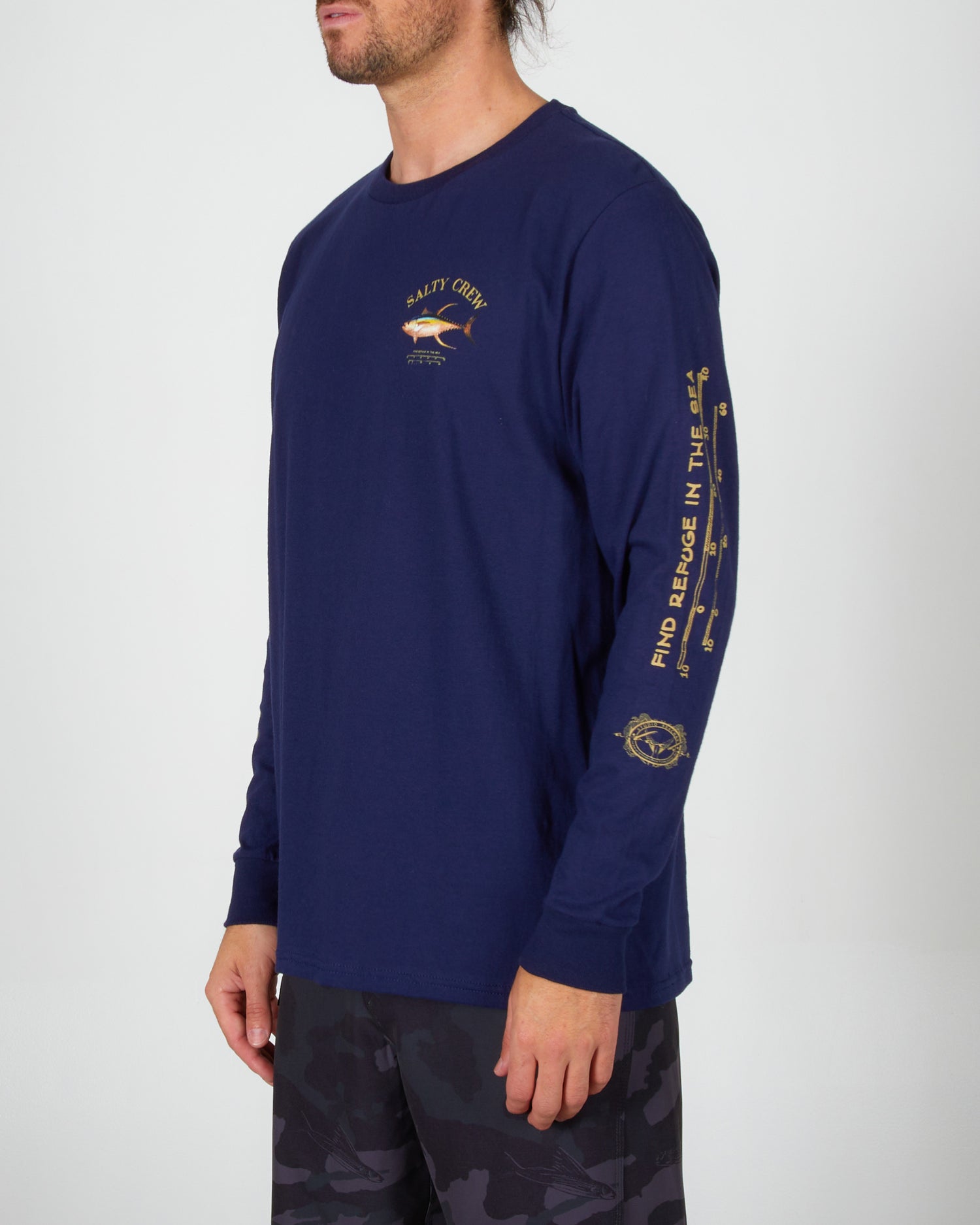 front angled Ahi Mount Navy L/S Standard Tee