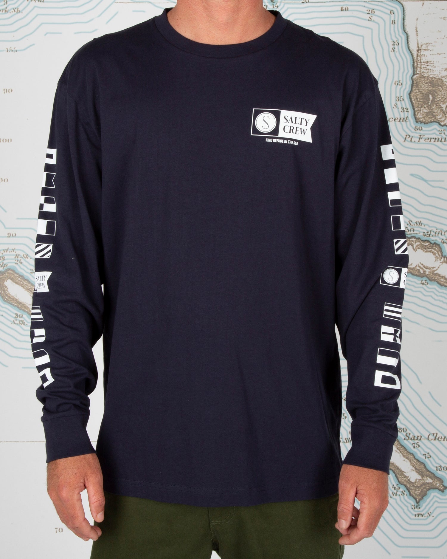 On body front of Alpha Navy L/S Premium Tee