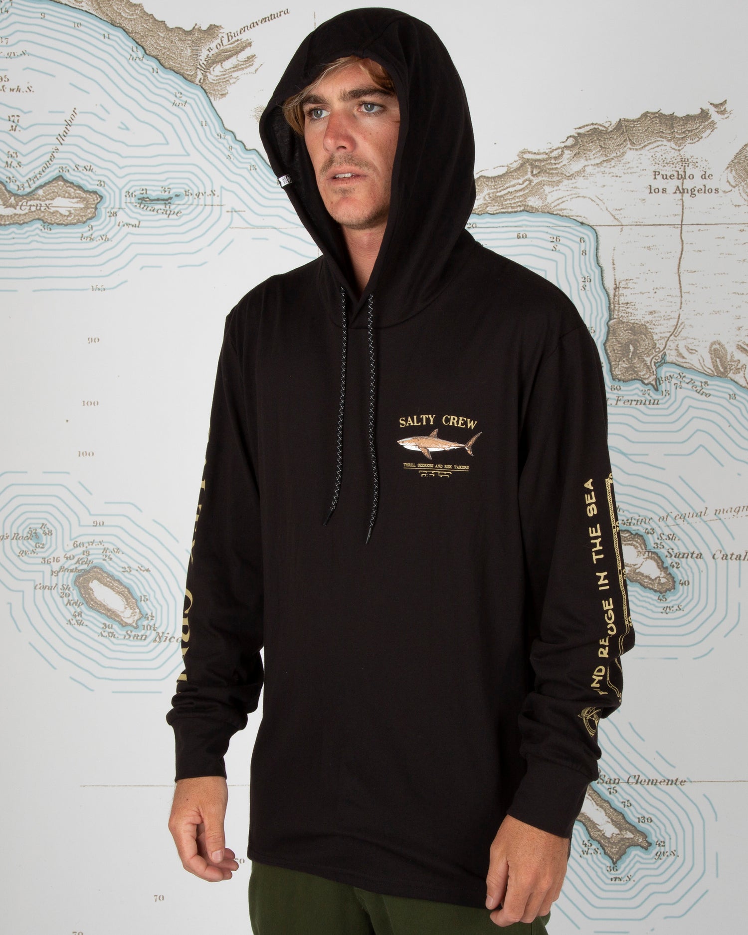 On body front angled of Bruce Black Hood Tech Tee