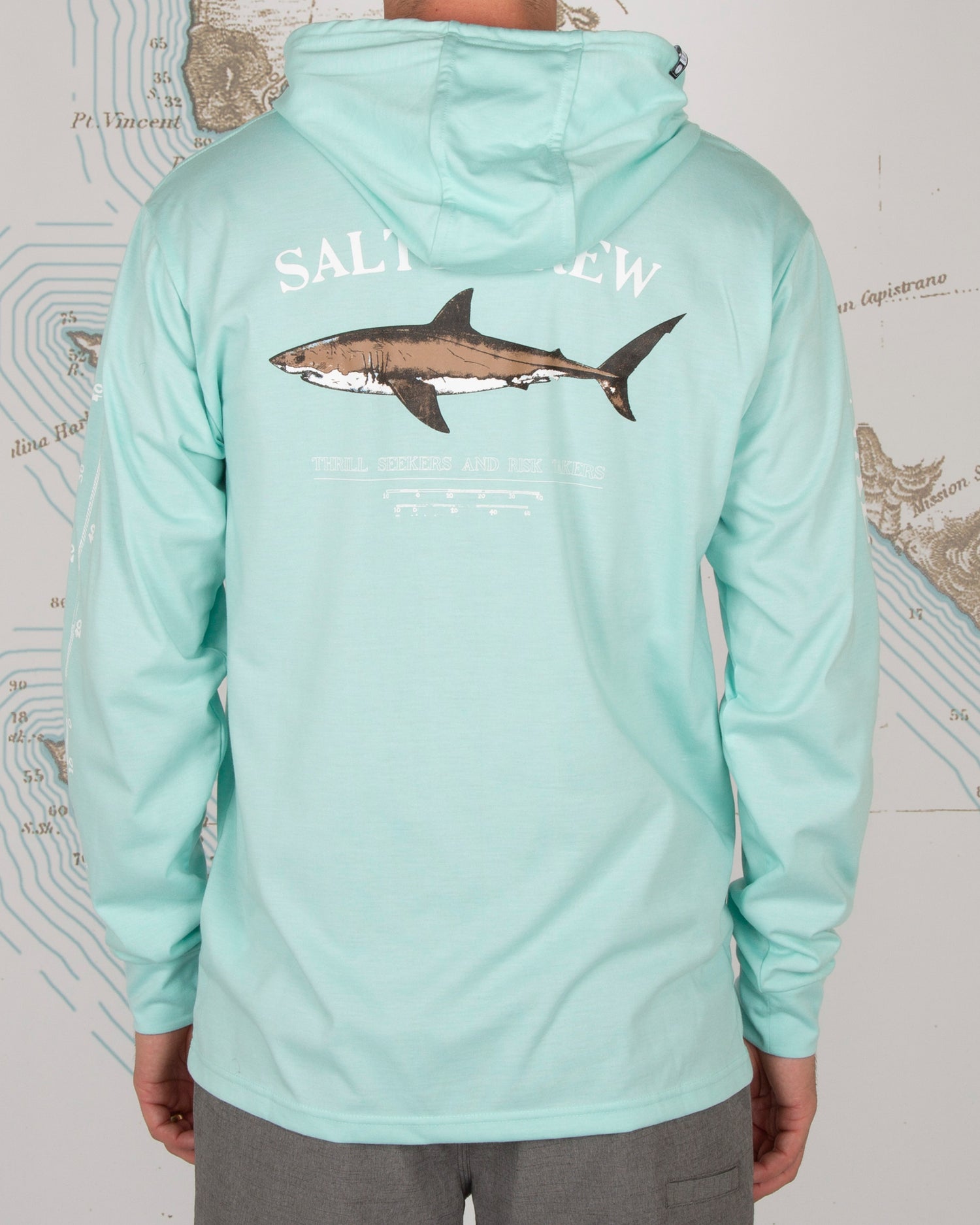 On body back of Bruce Sea Foam Hood Tech Tee