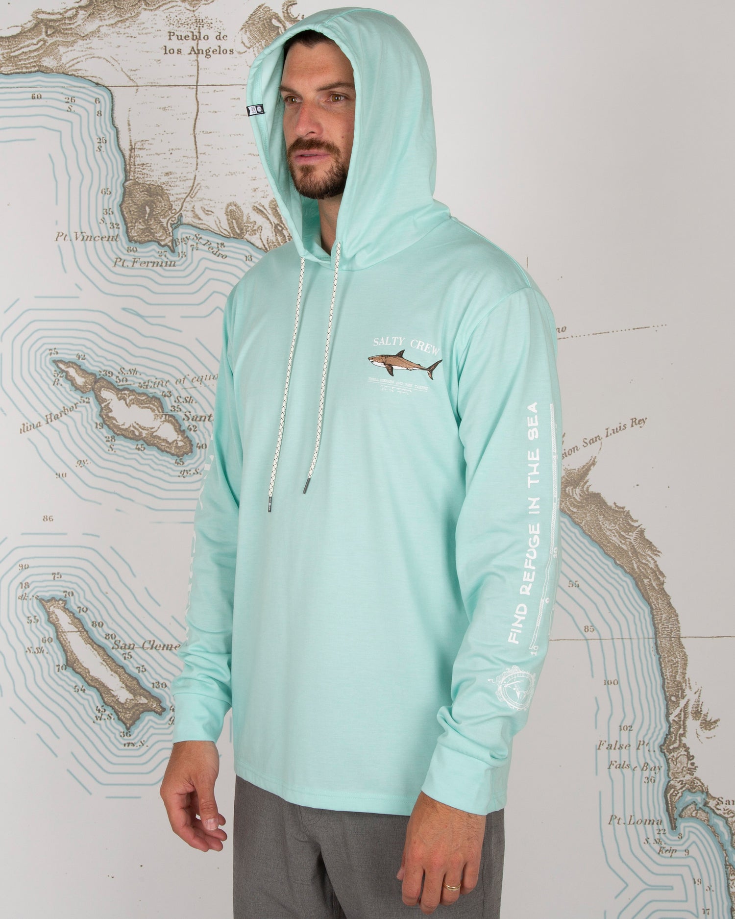On body front angle of Bruce Sea Foam Hood Tech Tee