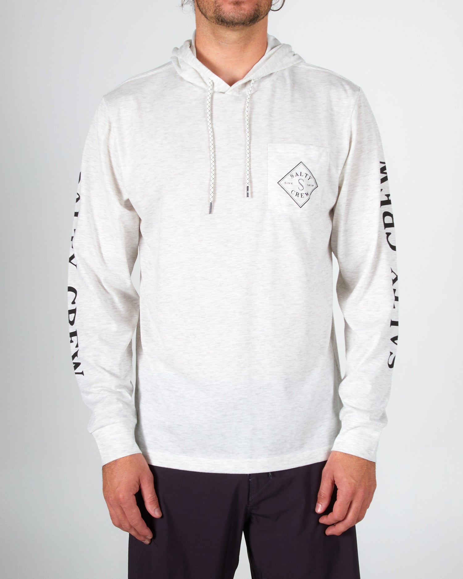 front view of Tippet Vintage White Pocket Hood Tech Tee