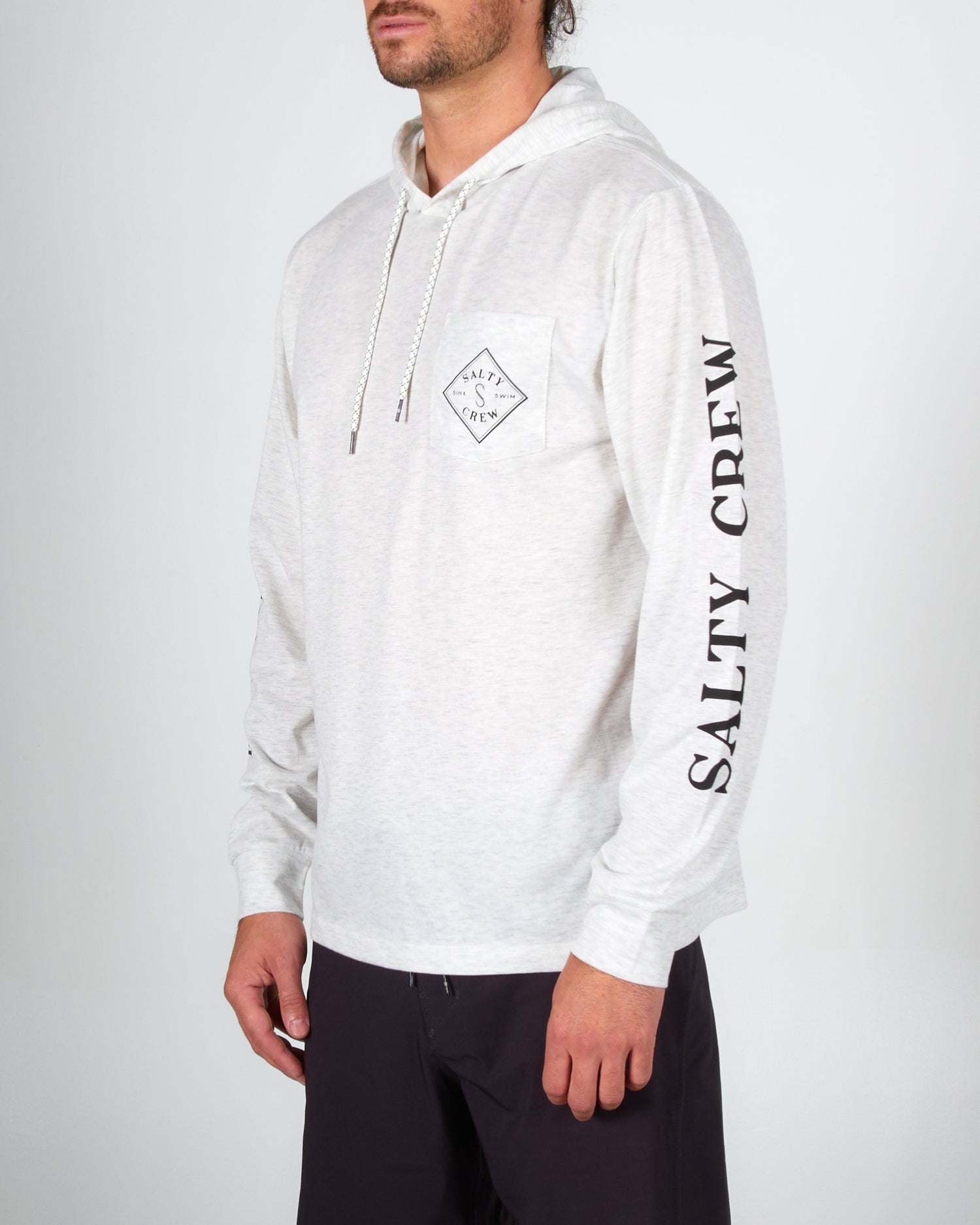 front angled Tippet Vintage White Pocket Hood Tech Tee