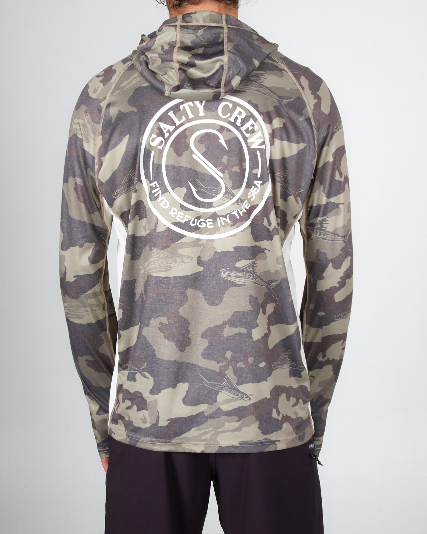 on body back of the Palomar Camo Tan Pinnacle + Hood Sunshirt