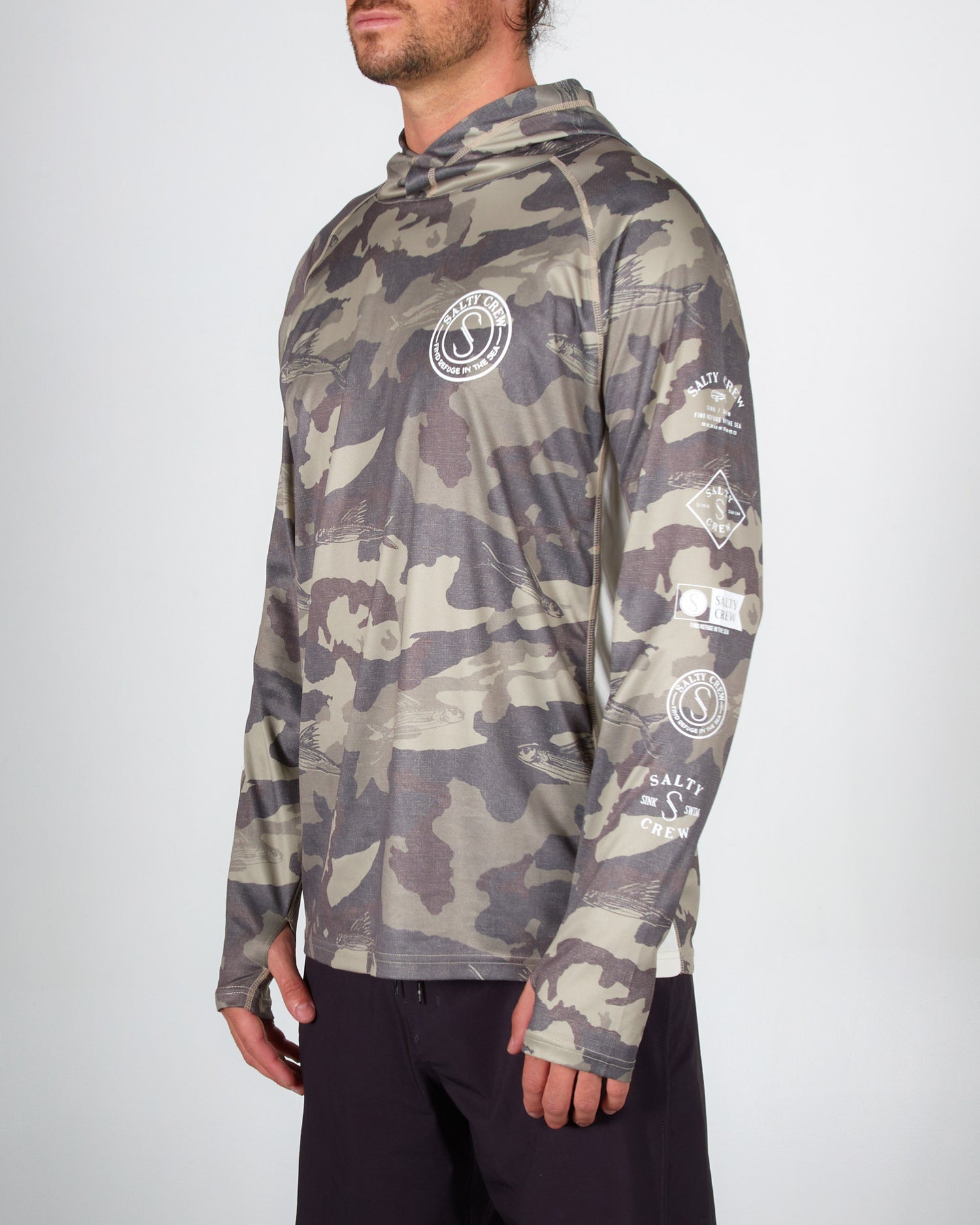 On body front angled view of the Palomar Camo Tan Pinnacle + Hood Sunshirt