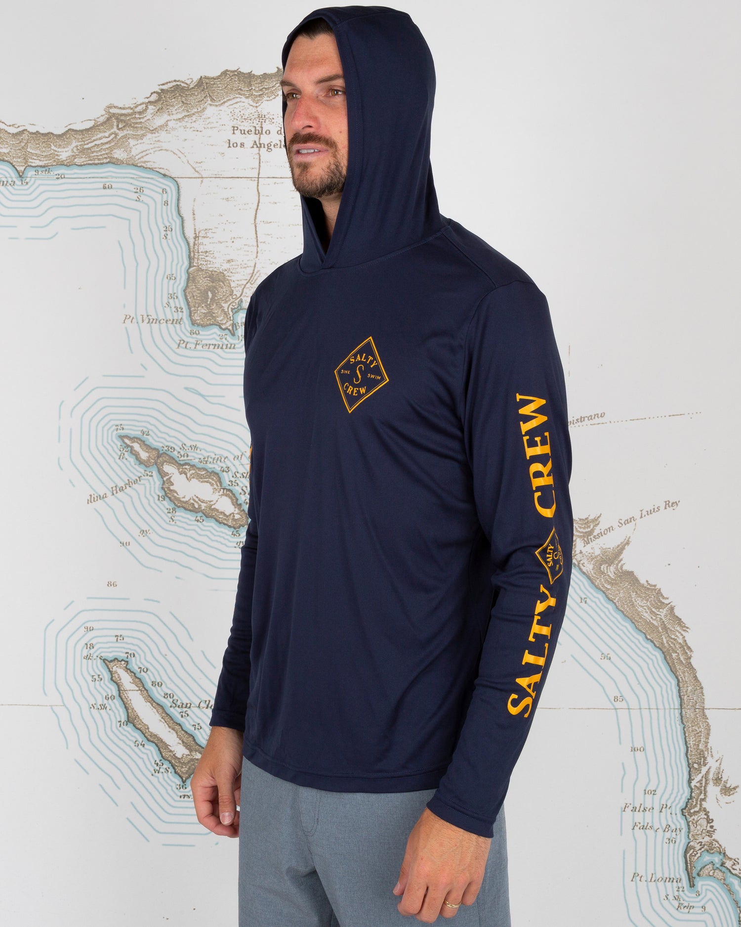 On body front angle of Tippet Navy Hood Sunshirt