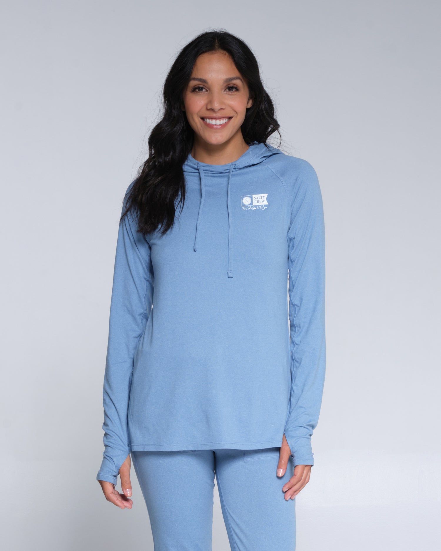 On body front of the Thrill Seekers Marine Blue Hooded Sunshirt