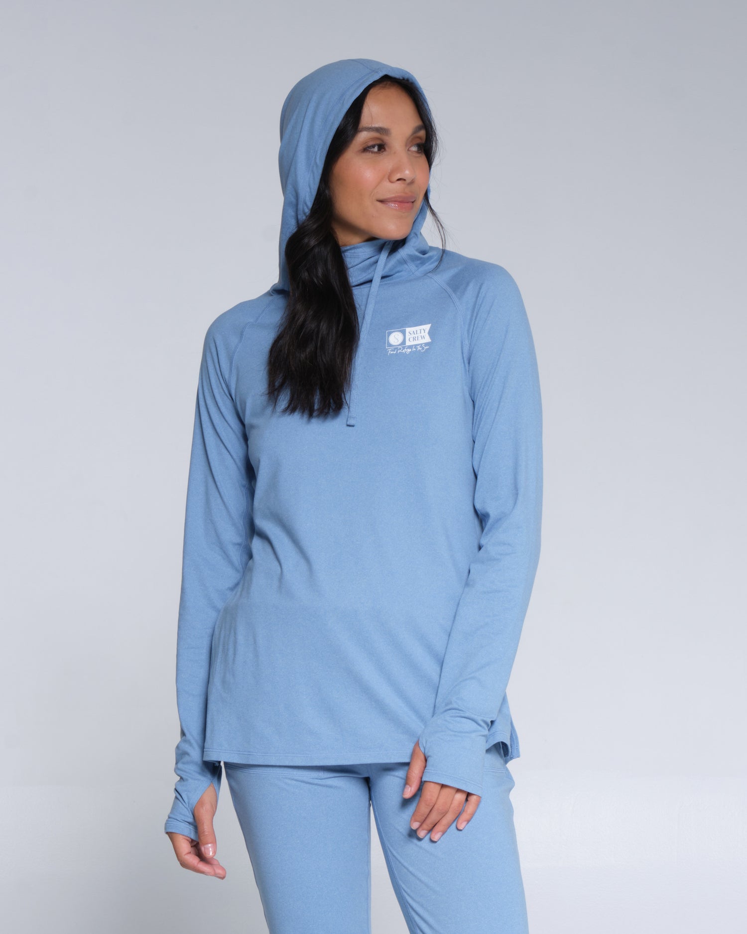 On body front of the Thrill Seekers Marine Blue Hooded Sunshirt