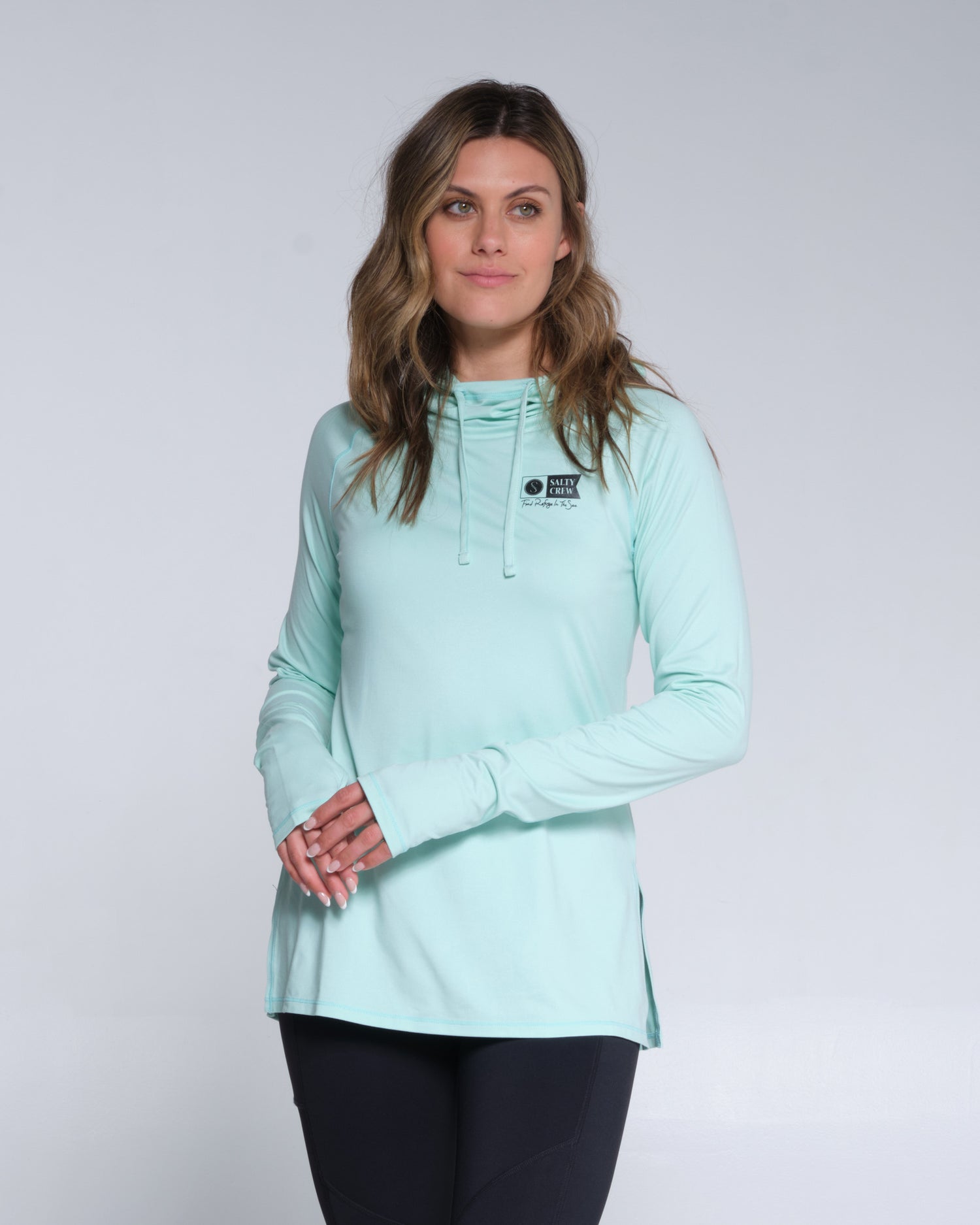 On body front of the Thrill Seekers Sea Foam Hooded Sunshirt