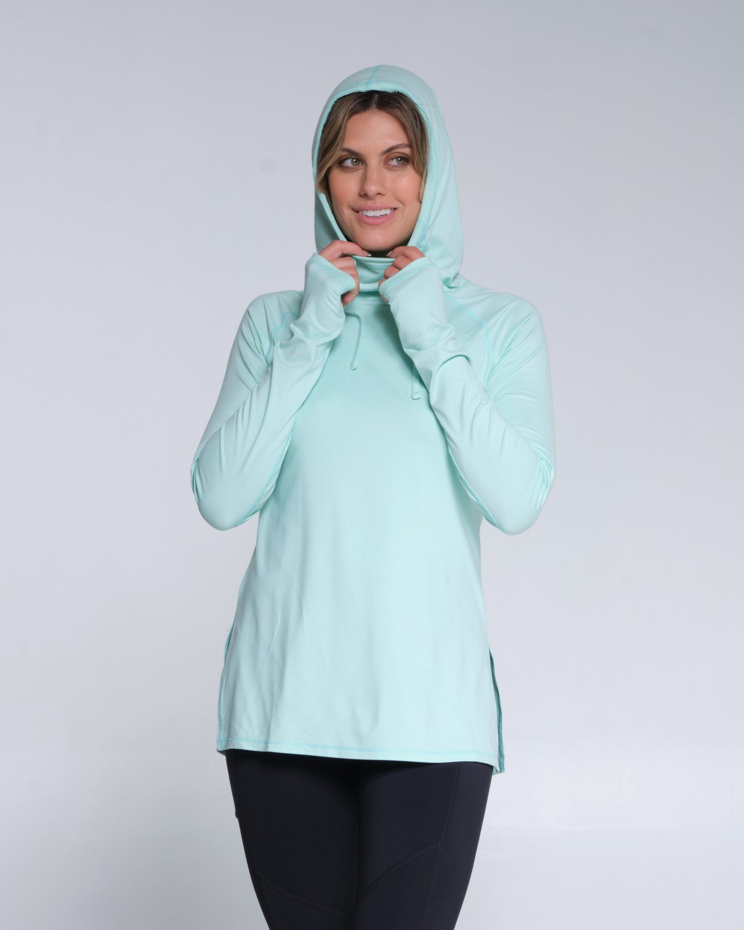 On body front of the Thrill Seekers Sea Foam Hooded Sunshirt