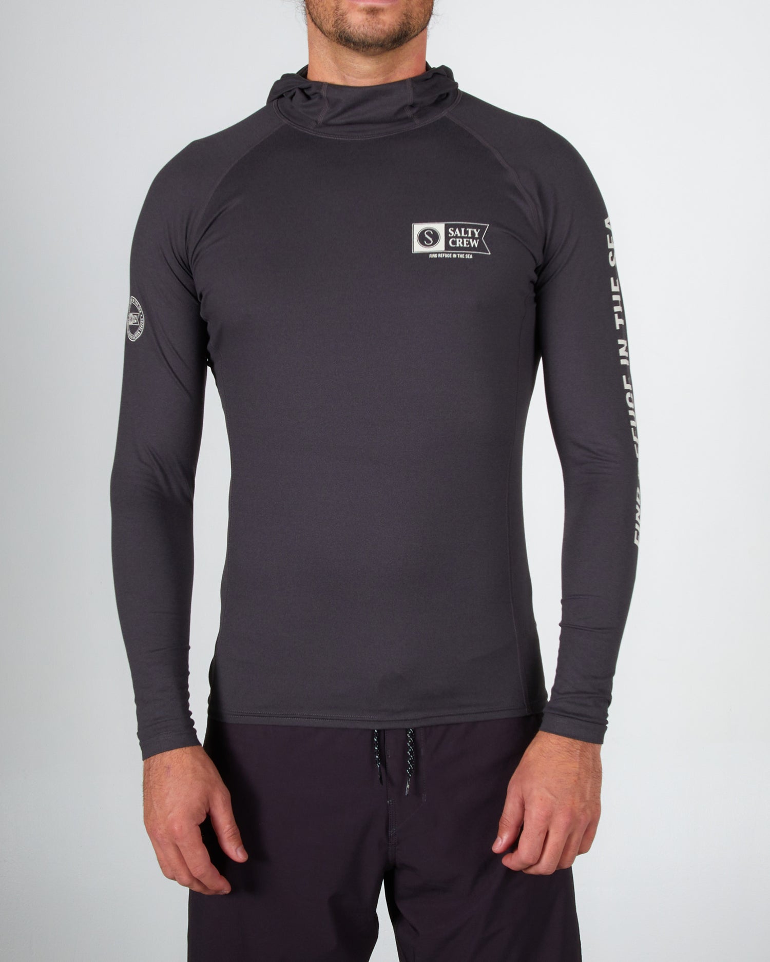 On body front of the Thrill Seekers Black Hood Surf Shirt