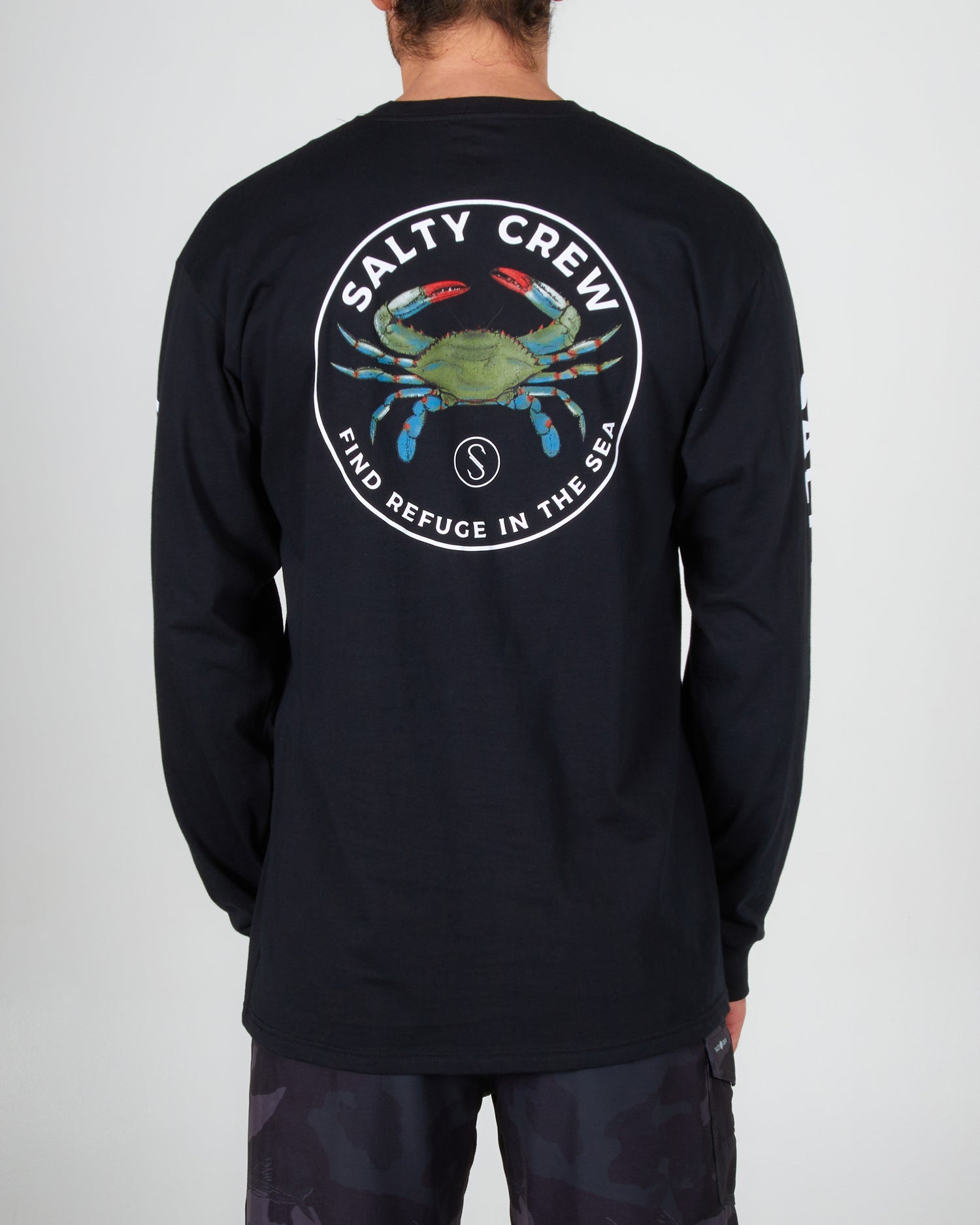 back graphic of Blue Crabber Black L/S Premium Tee
