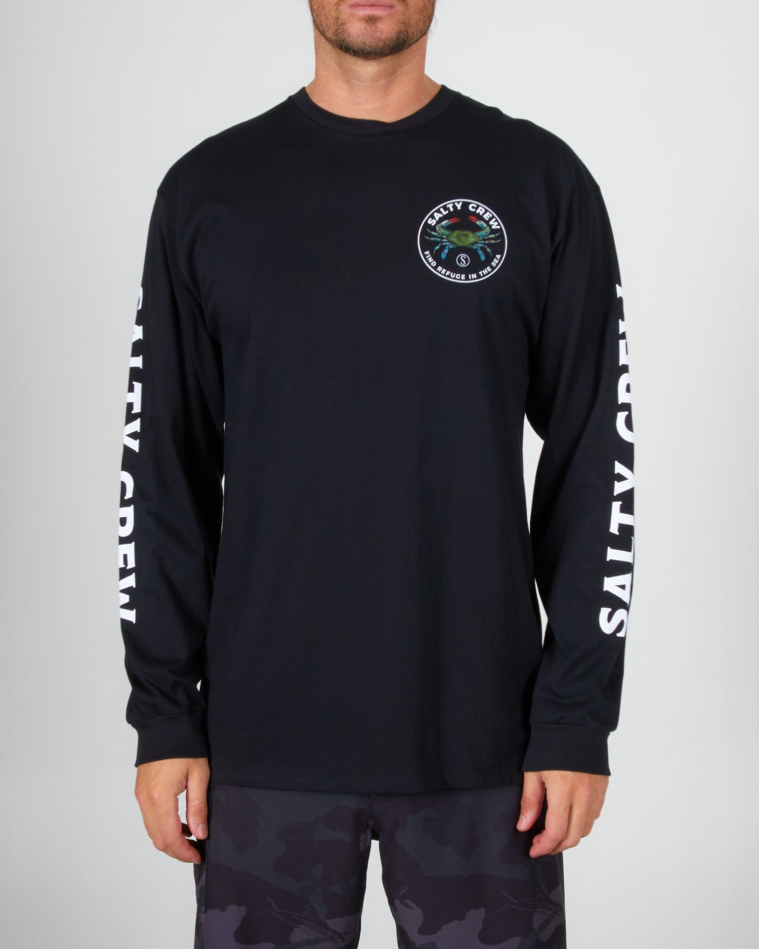 front view of Blue Crabber Black L/S Premium Tee