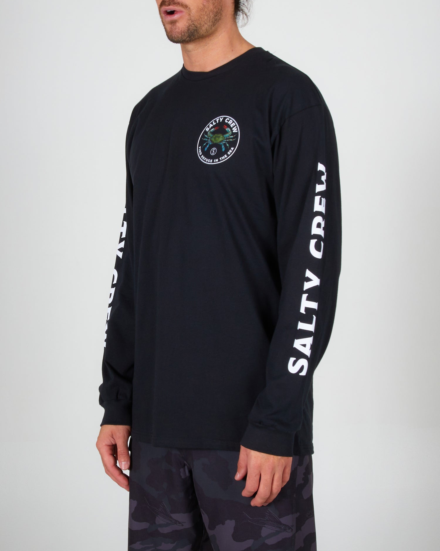 front angled Blue Crabber Black L/S Premium Tee