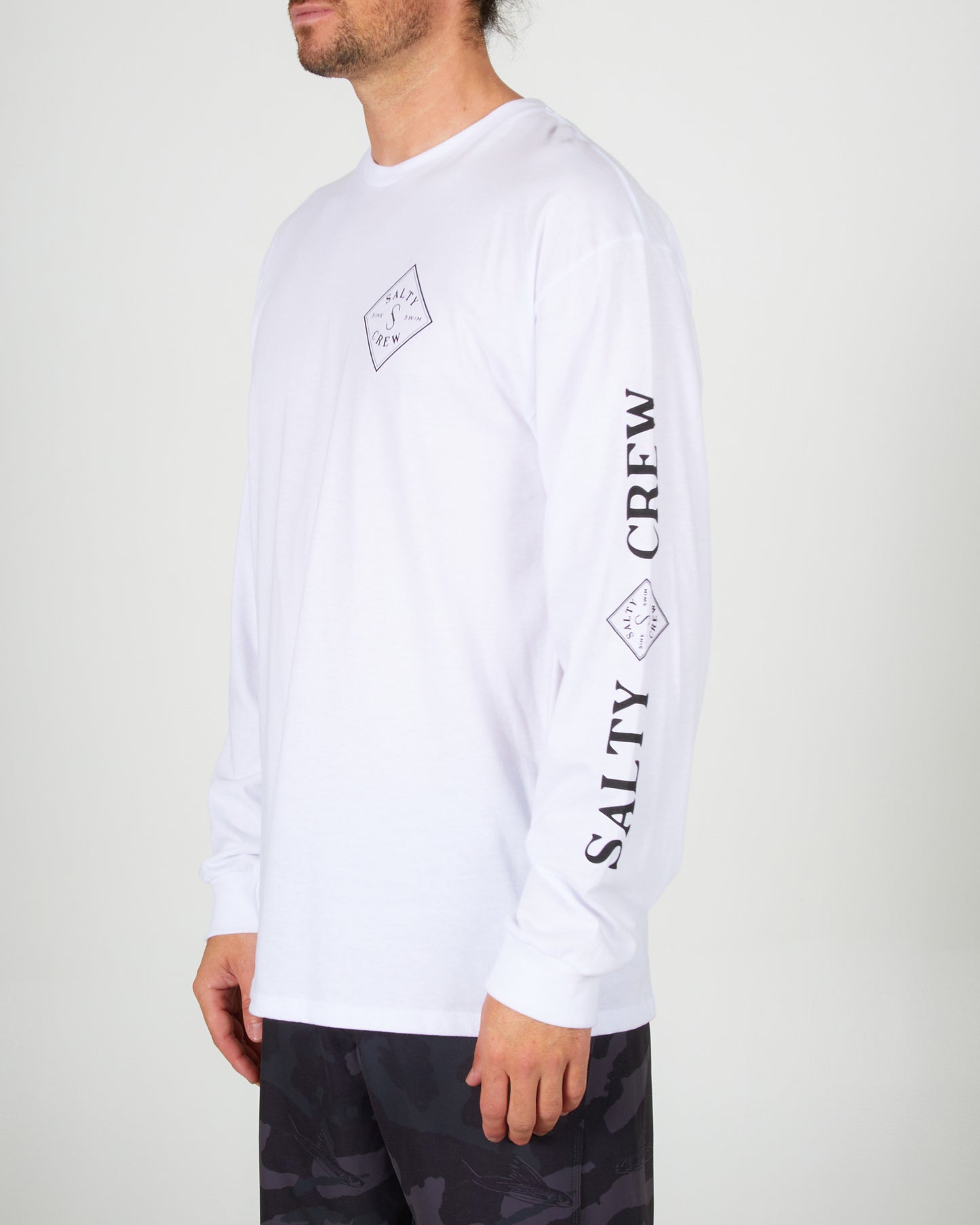 front angled Tippet White L/S Premium Tee