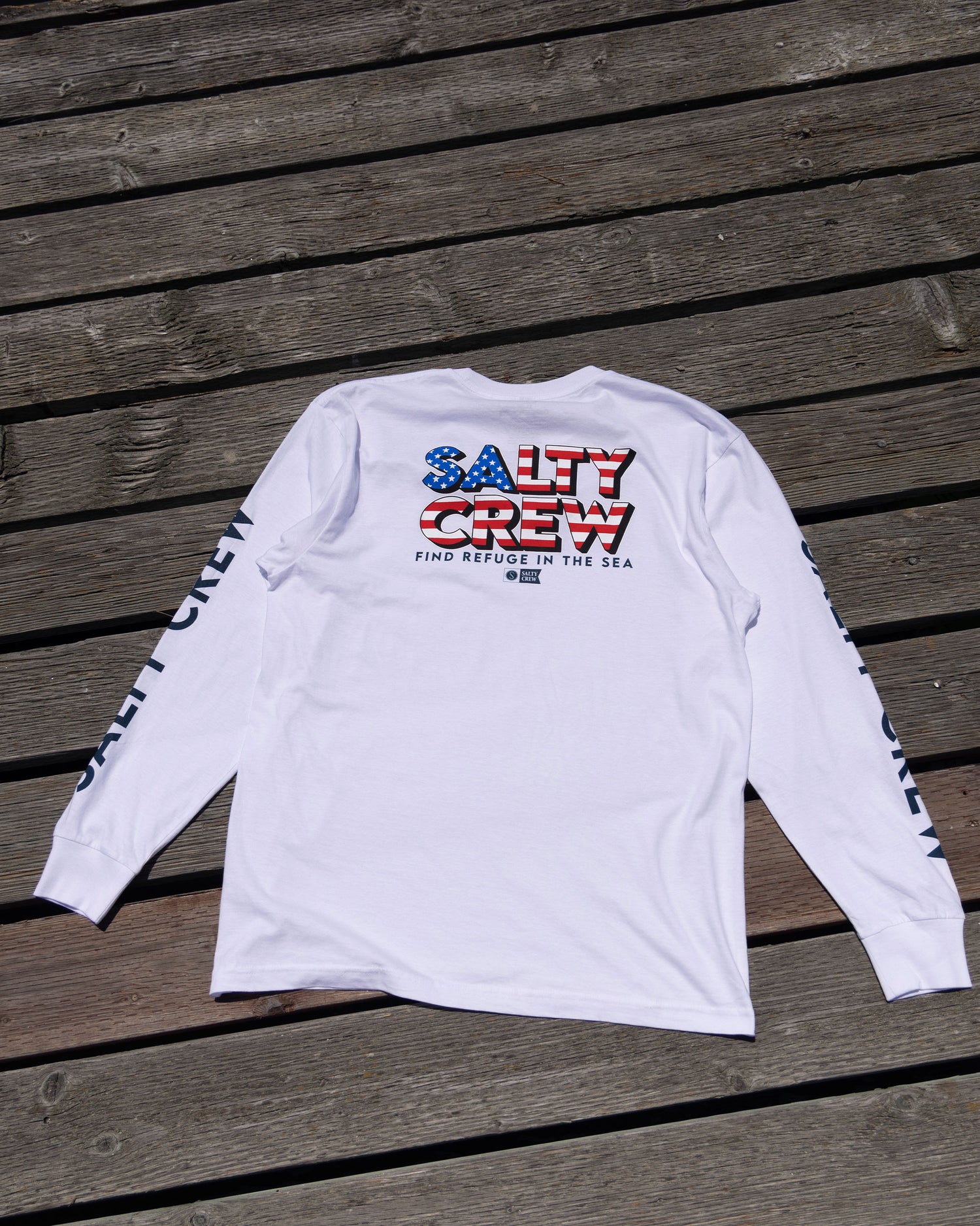 Off body back of Stars and Stripes White L/S Premium Tee