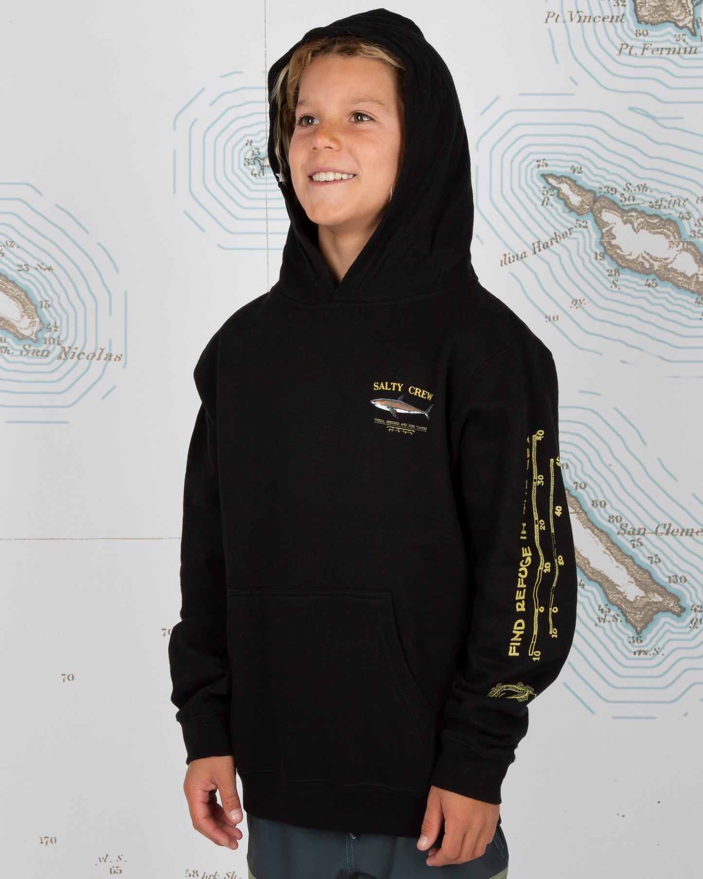 On body front angled of Bruce Boys Black Hood Fleece