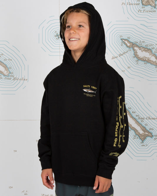 On body front angled of Bruce Boys Black Hood Fleece