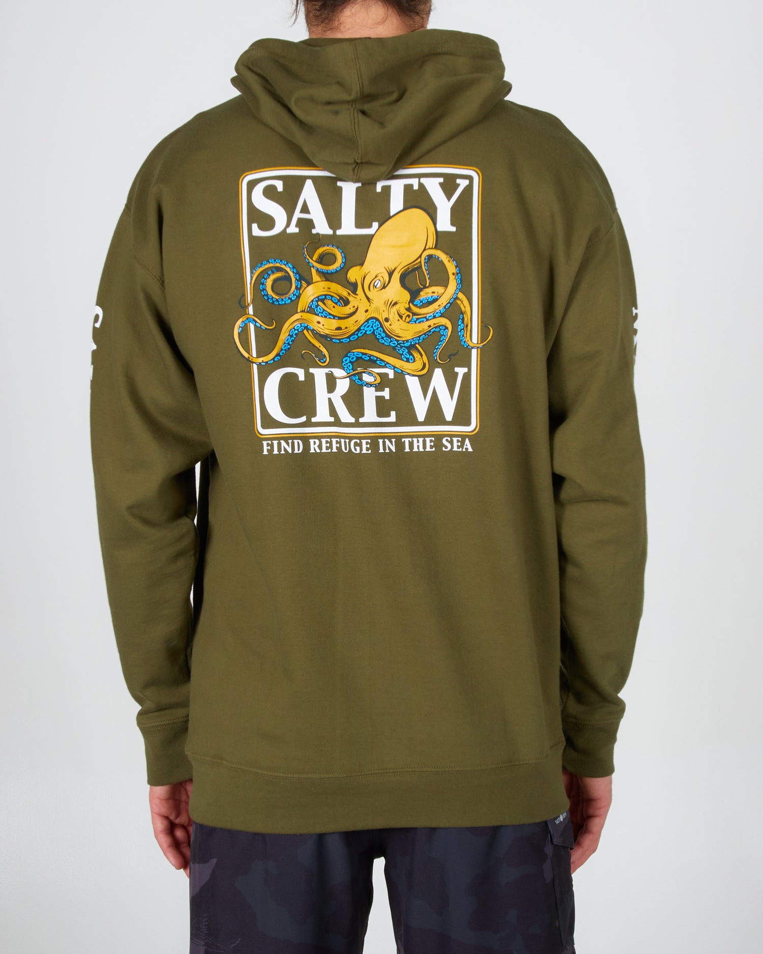 on body back of the Ink Slinger Army Hood Fleece