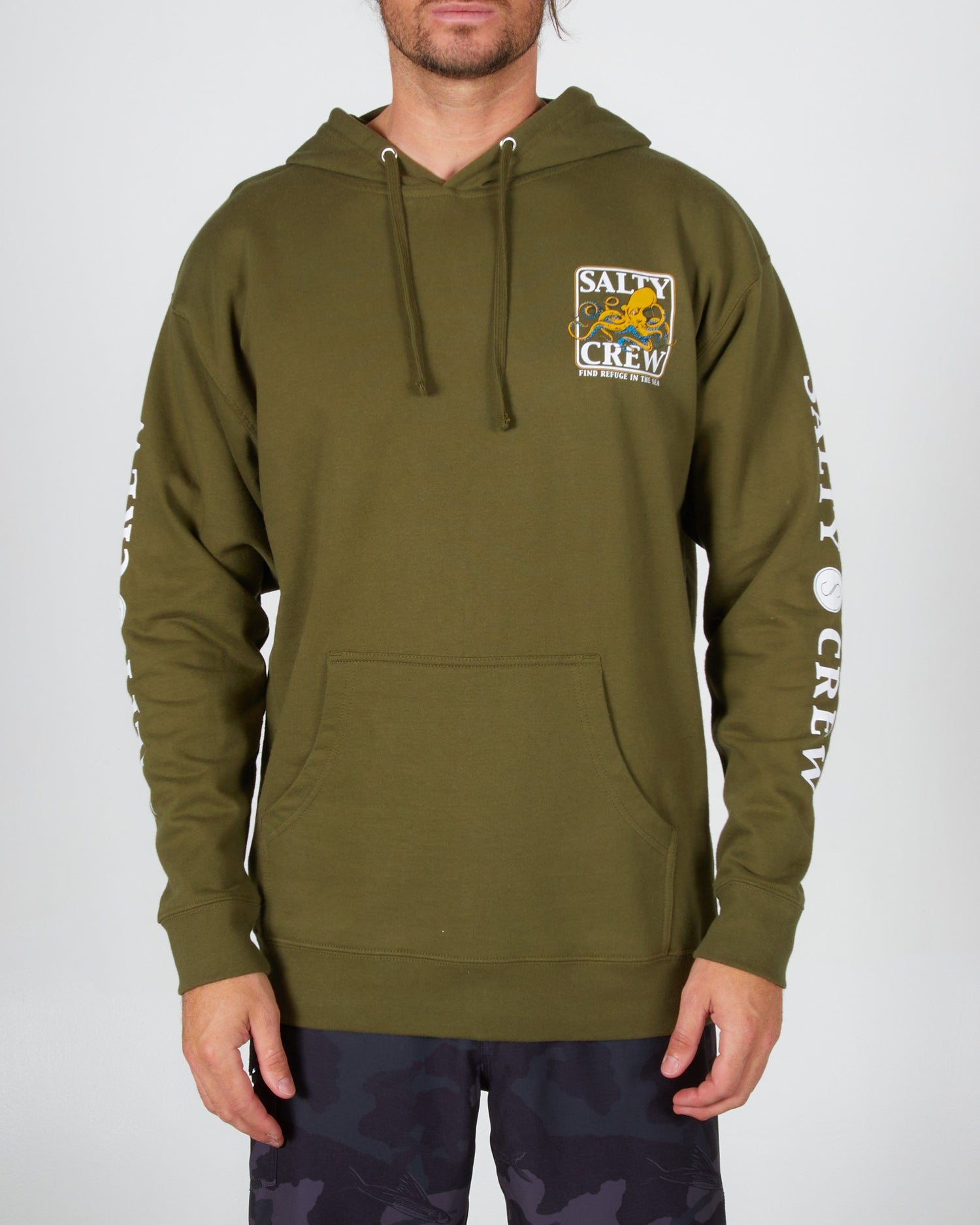 on body front of the Ink Slinger Army Hood Fleece