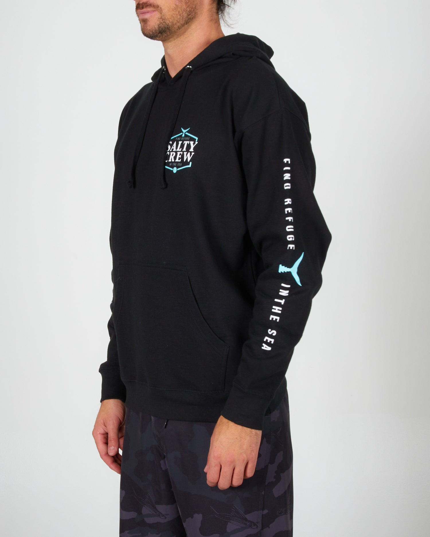 front angled Skipjack Black Hood Fleece