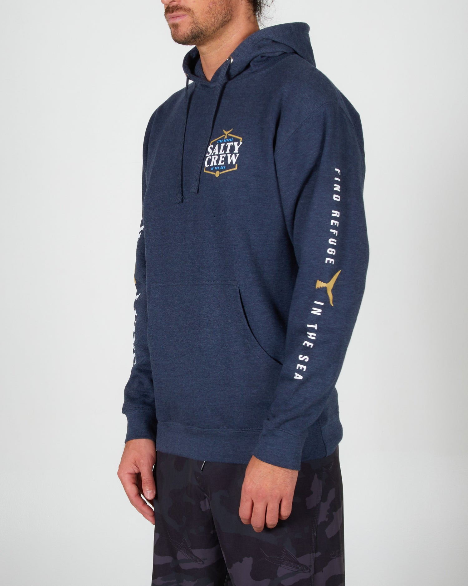 front angled Skipjack Navy Heather Hood Fleece