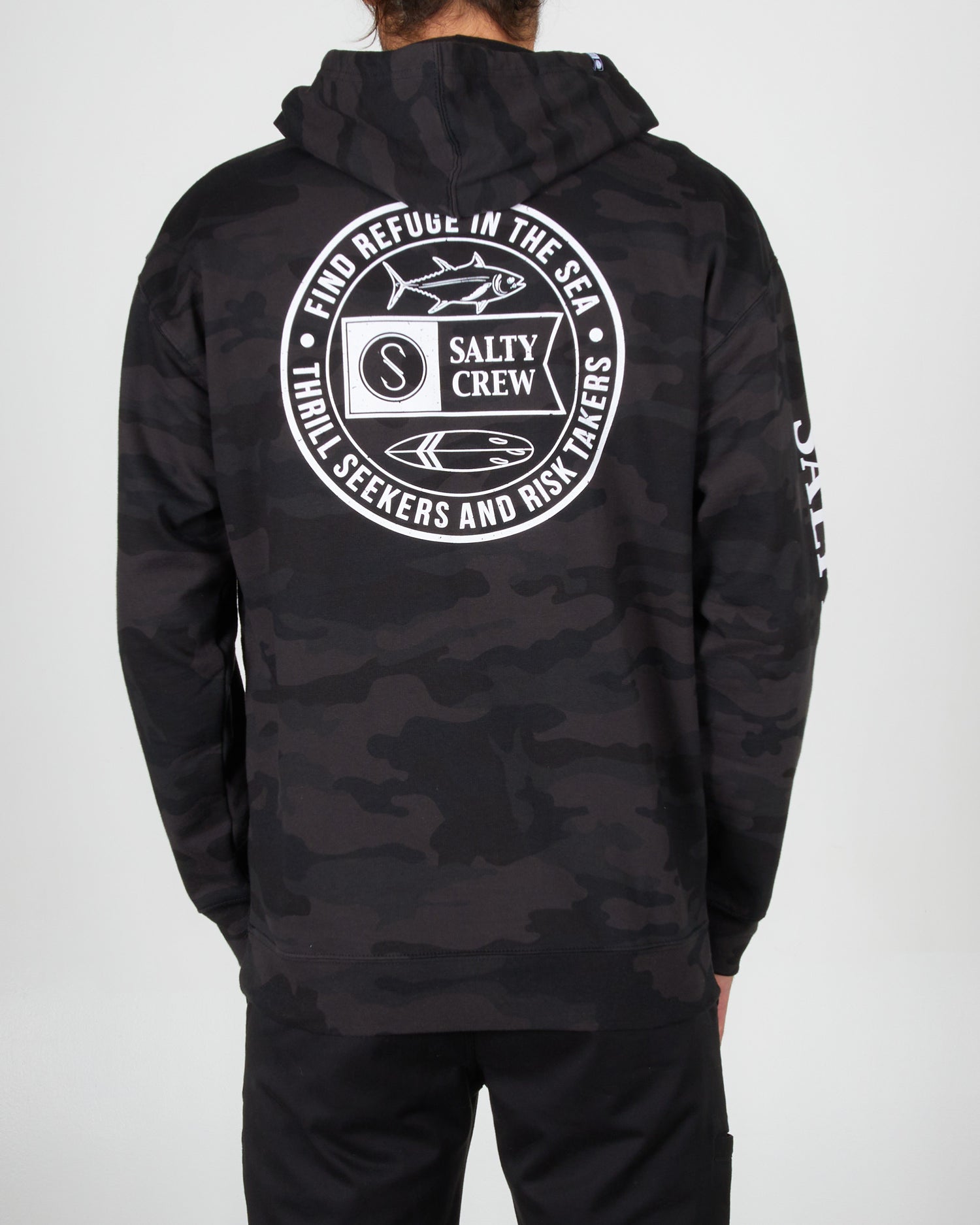 back graphic of Legends Black Camo Hood Fleece