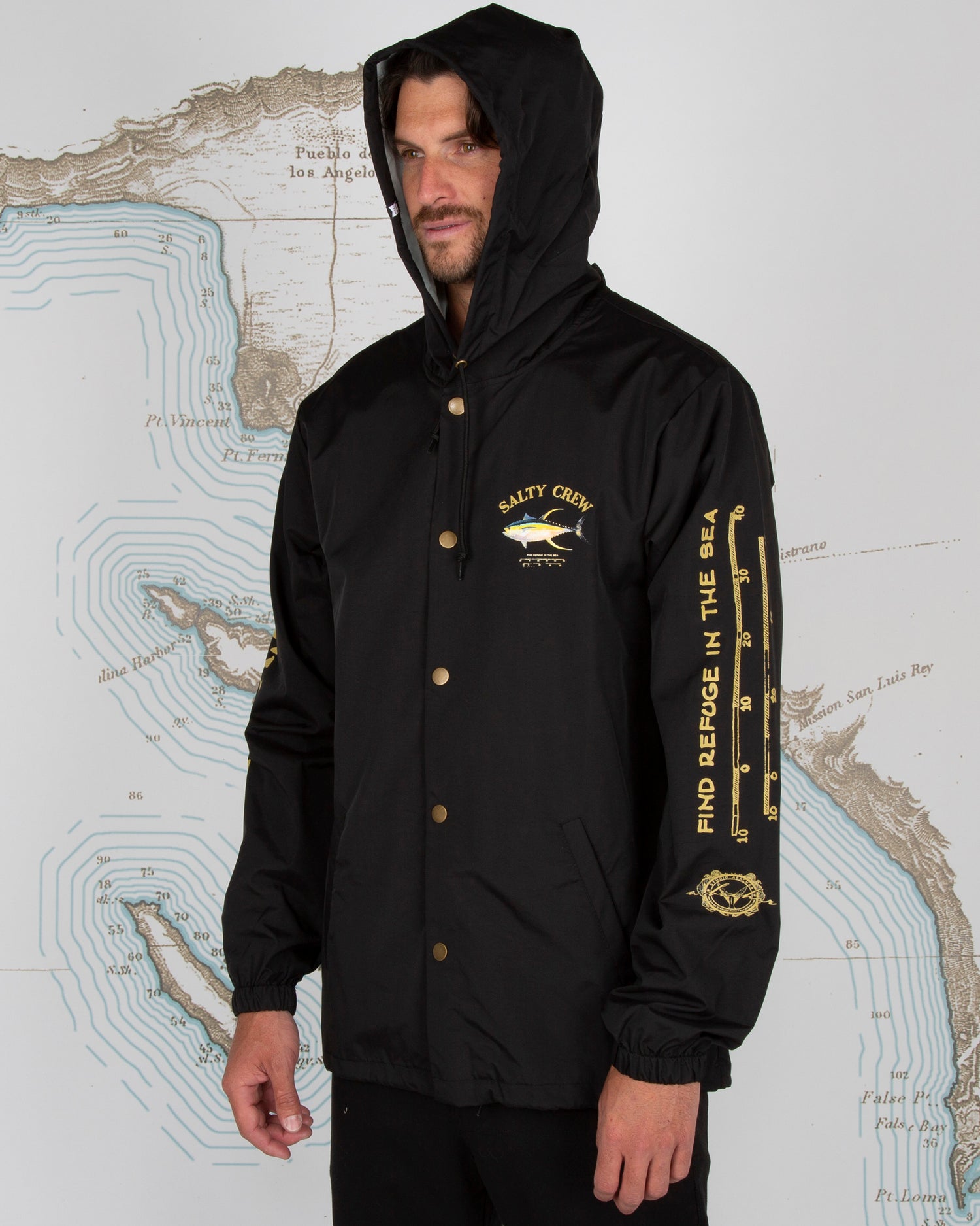 On body front angled of Ahi Mount Black Snap Jacket