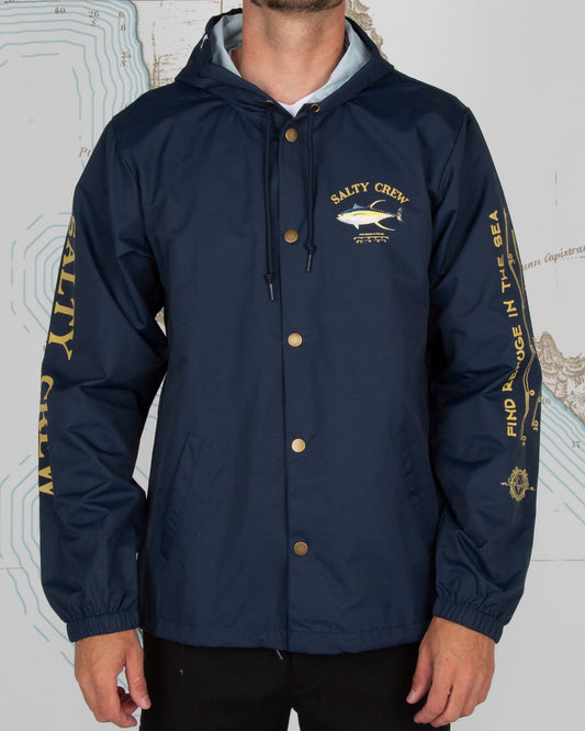 On body front of Ahi Mount Navy Snap Jacket