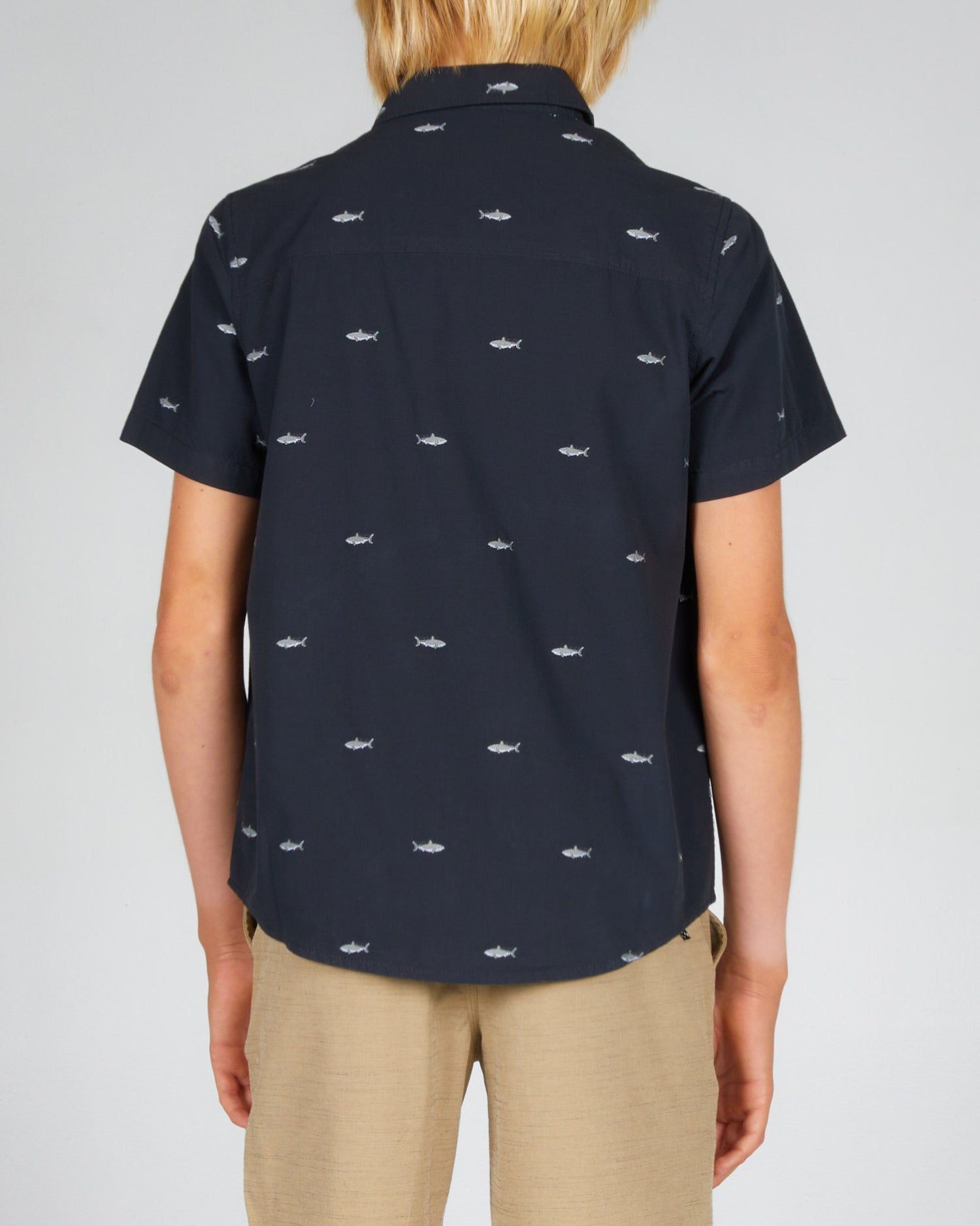 On body back of the Bruce S/S Boys Black Woven
