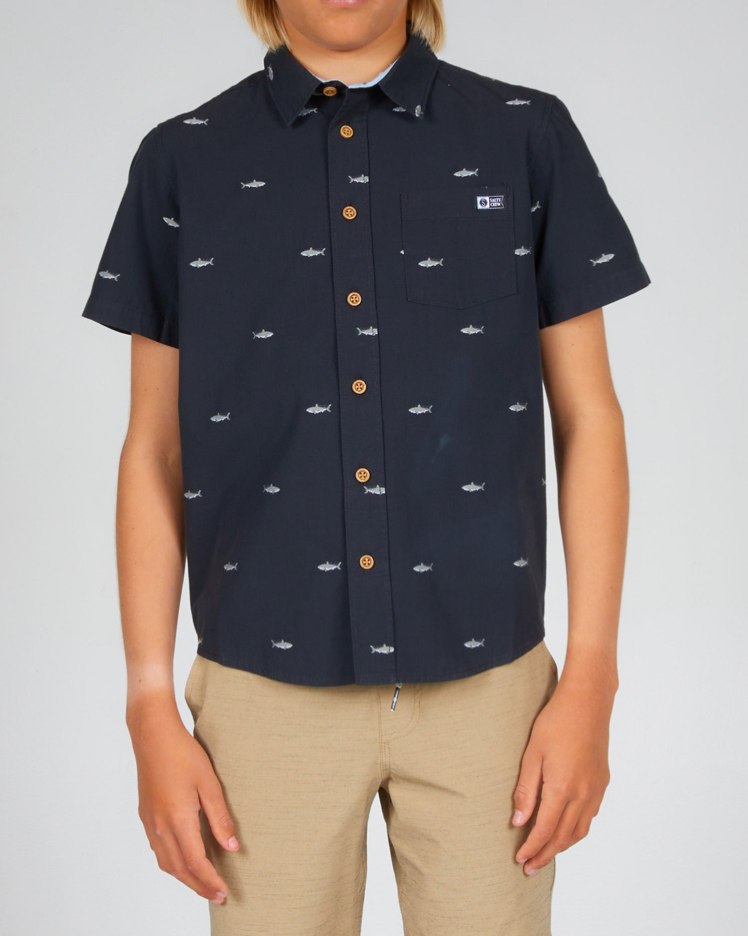 On body front of the Bruce S/S Boys Black Woven