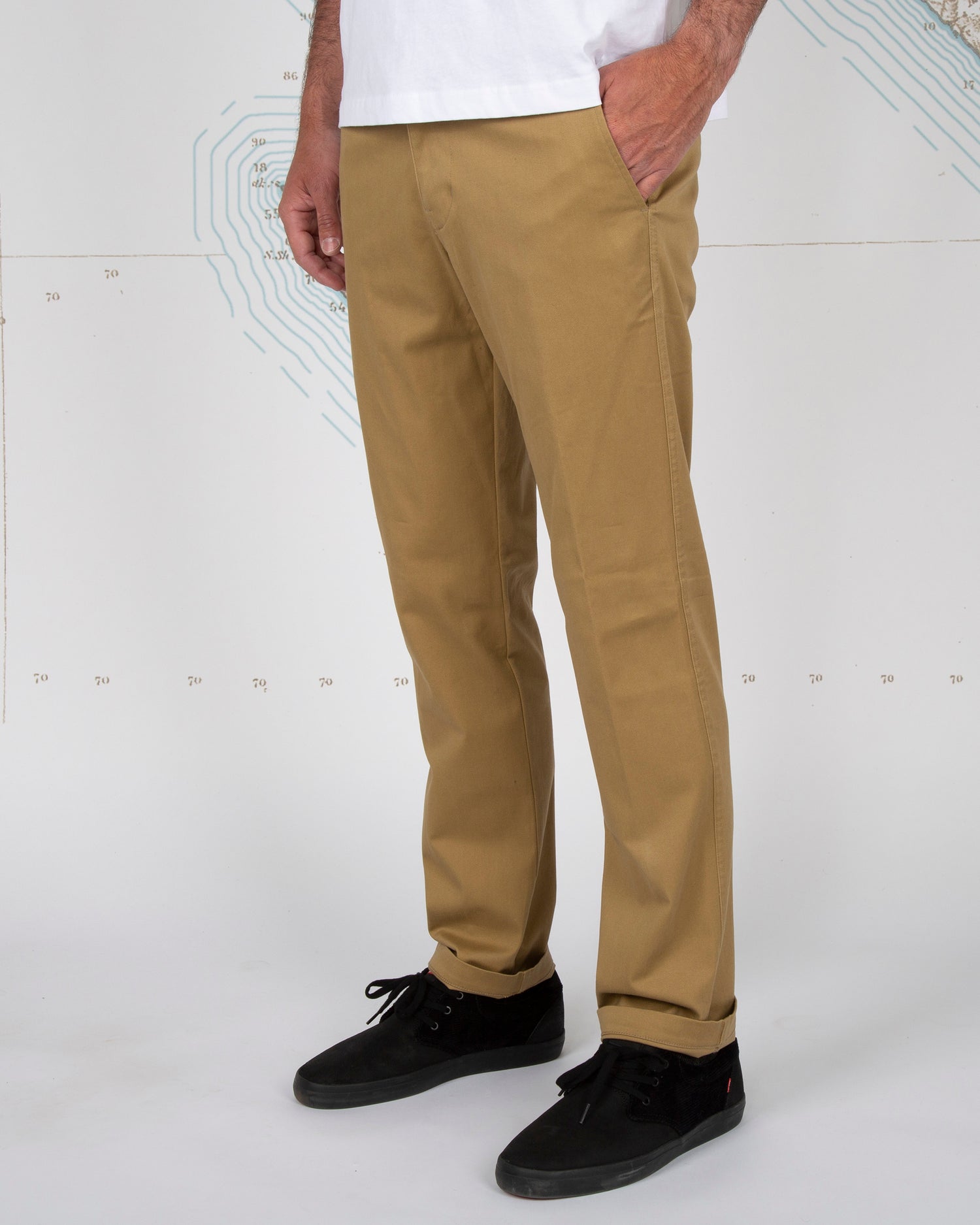 On body front angled of Deckhand Workwear Brown Chino Pant
