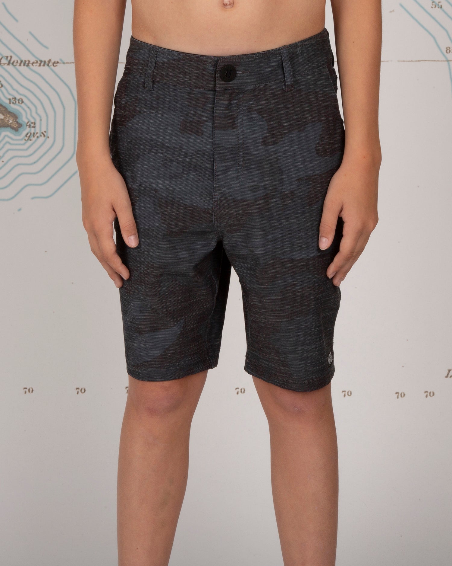 On body front of Drifter 2 Black Camo Hybrid Short