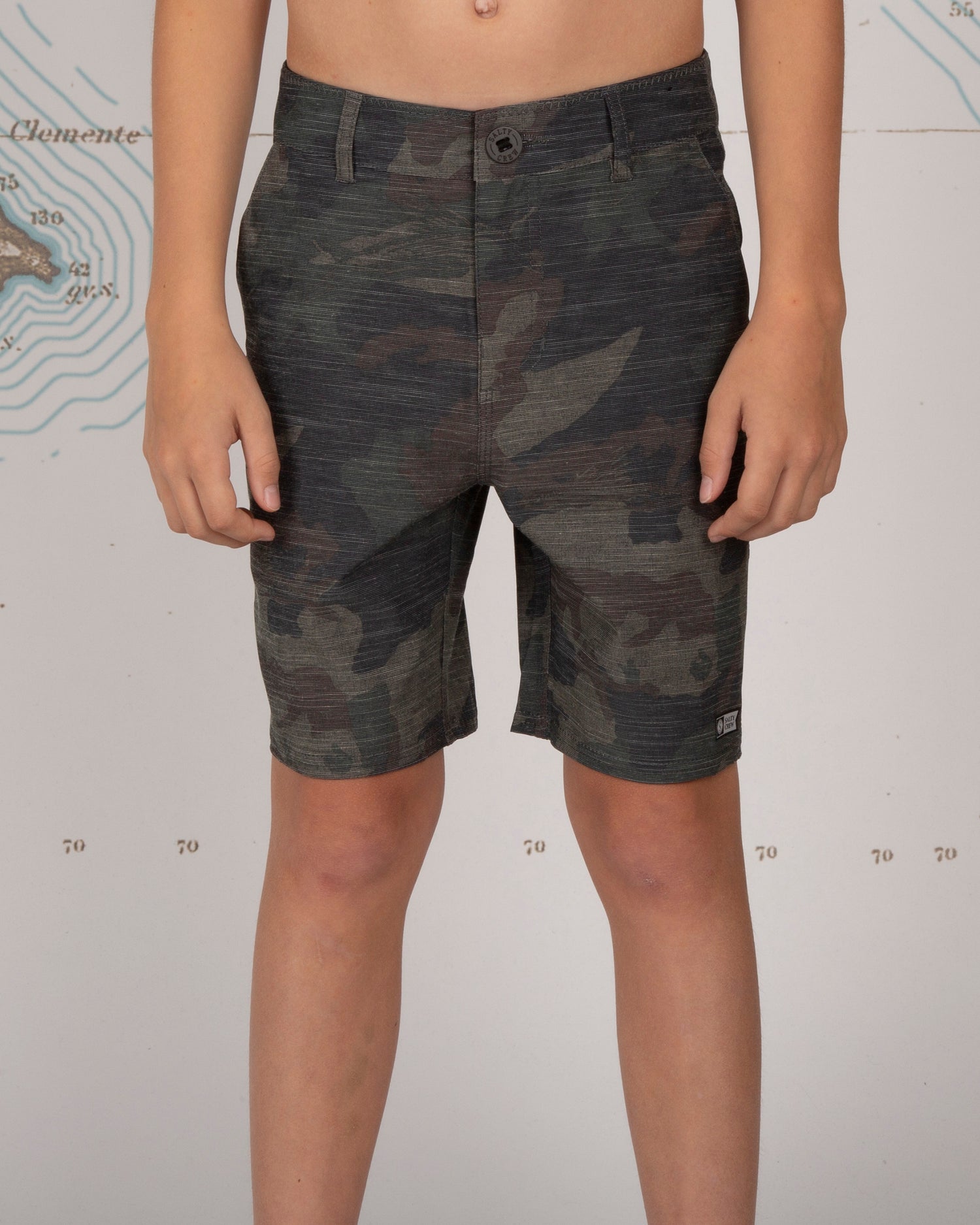 On body front of Drifter 2 Boys Camo Hybrid Short