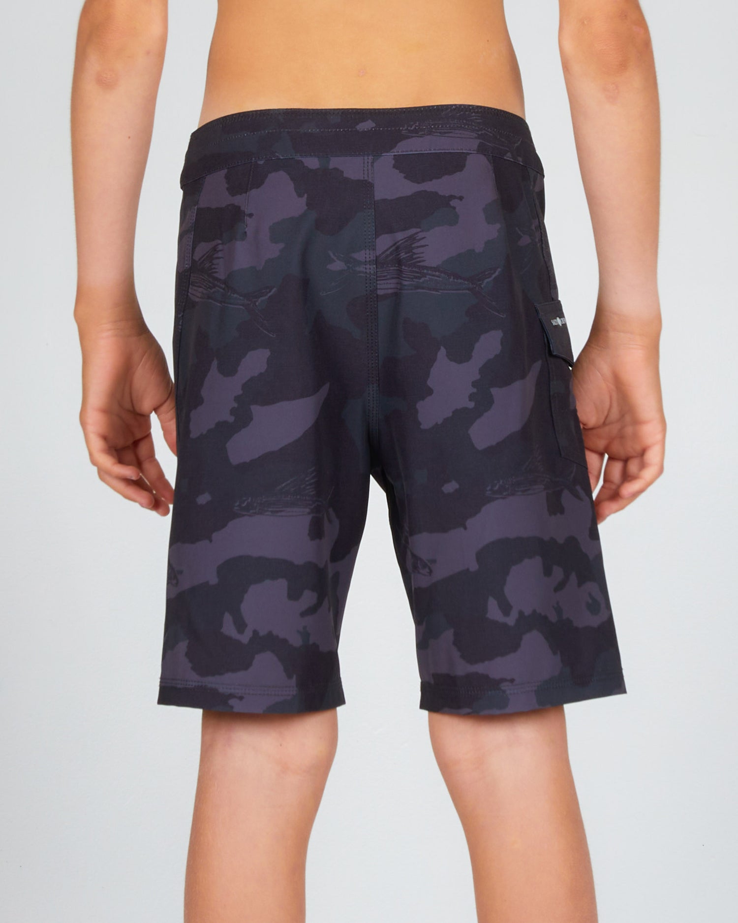 On body back of the Lowtide Boys Black Camo Boardshort