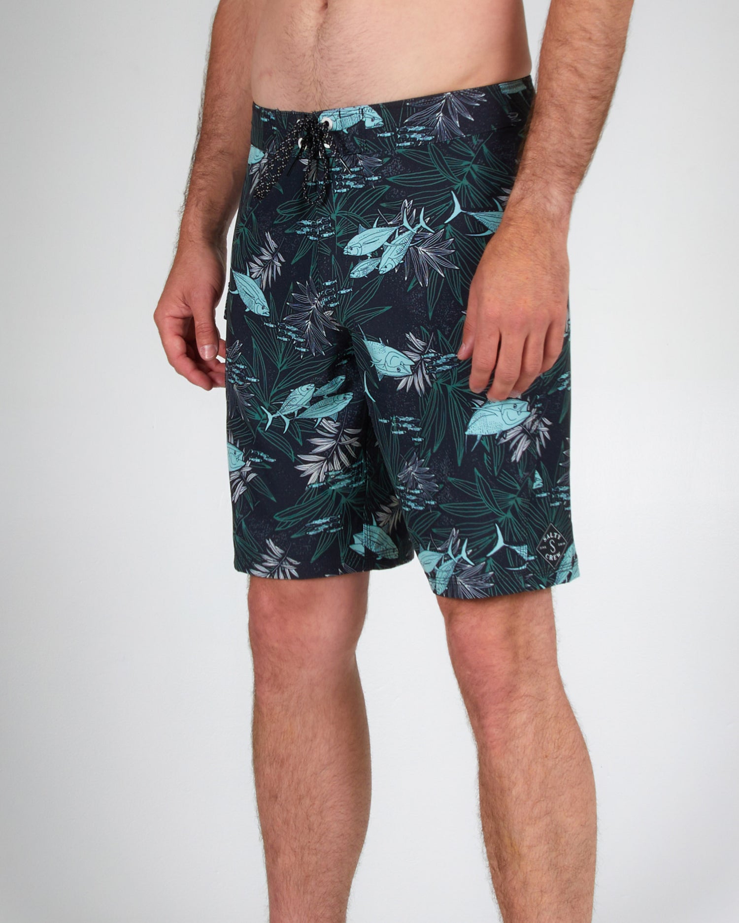 on body front angled view of the Lowtide Black/Aqua Boardshort