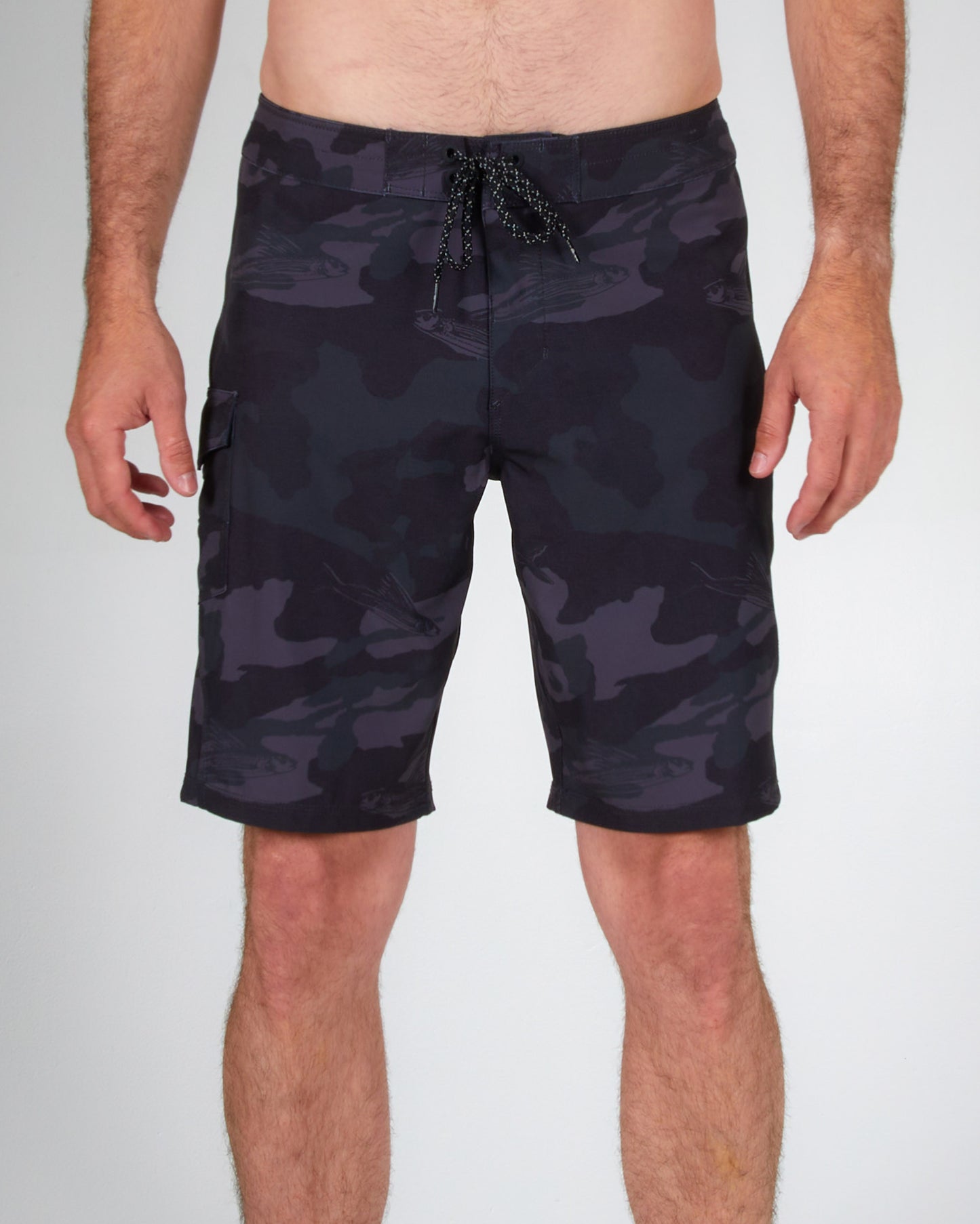 on body front of the Lowtide Black Camo Boardshort