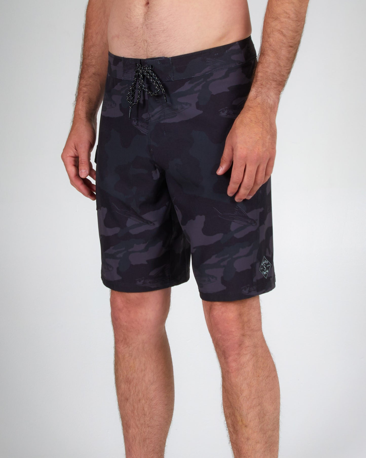 on body front angle of the Lowtide Black Camo Boardshort