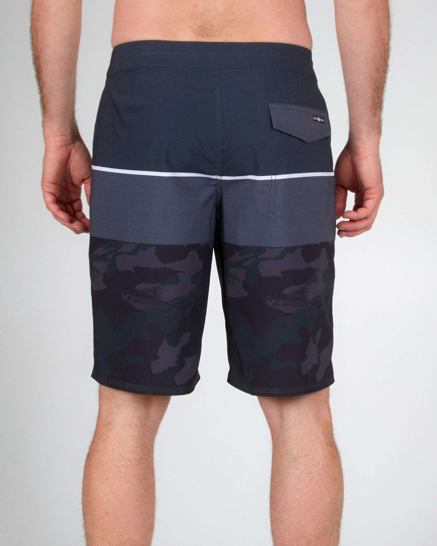 On body back of the Stacked Black Boardshort
