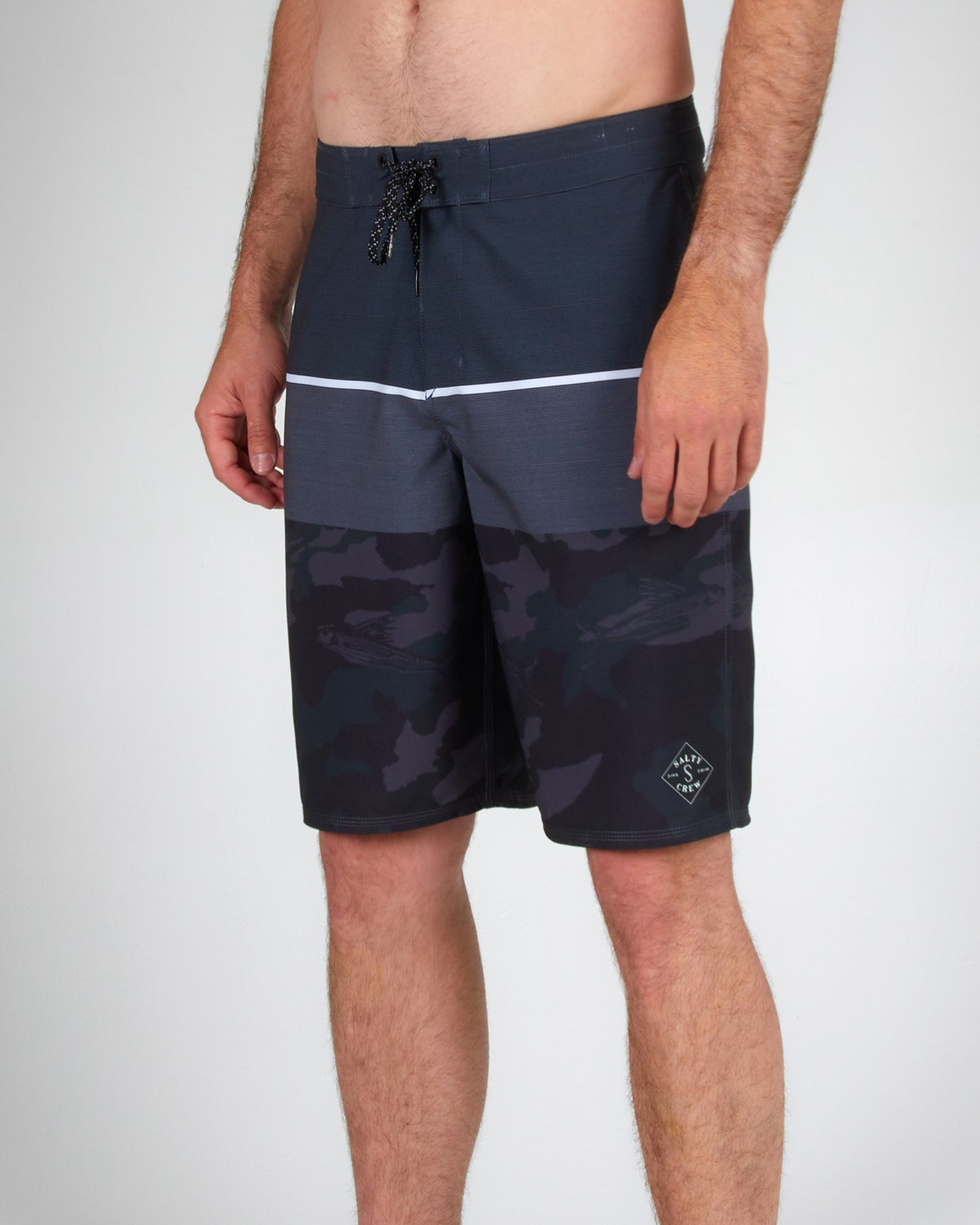 On body front angled view of the Stacked Black Boardshort