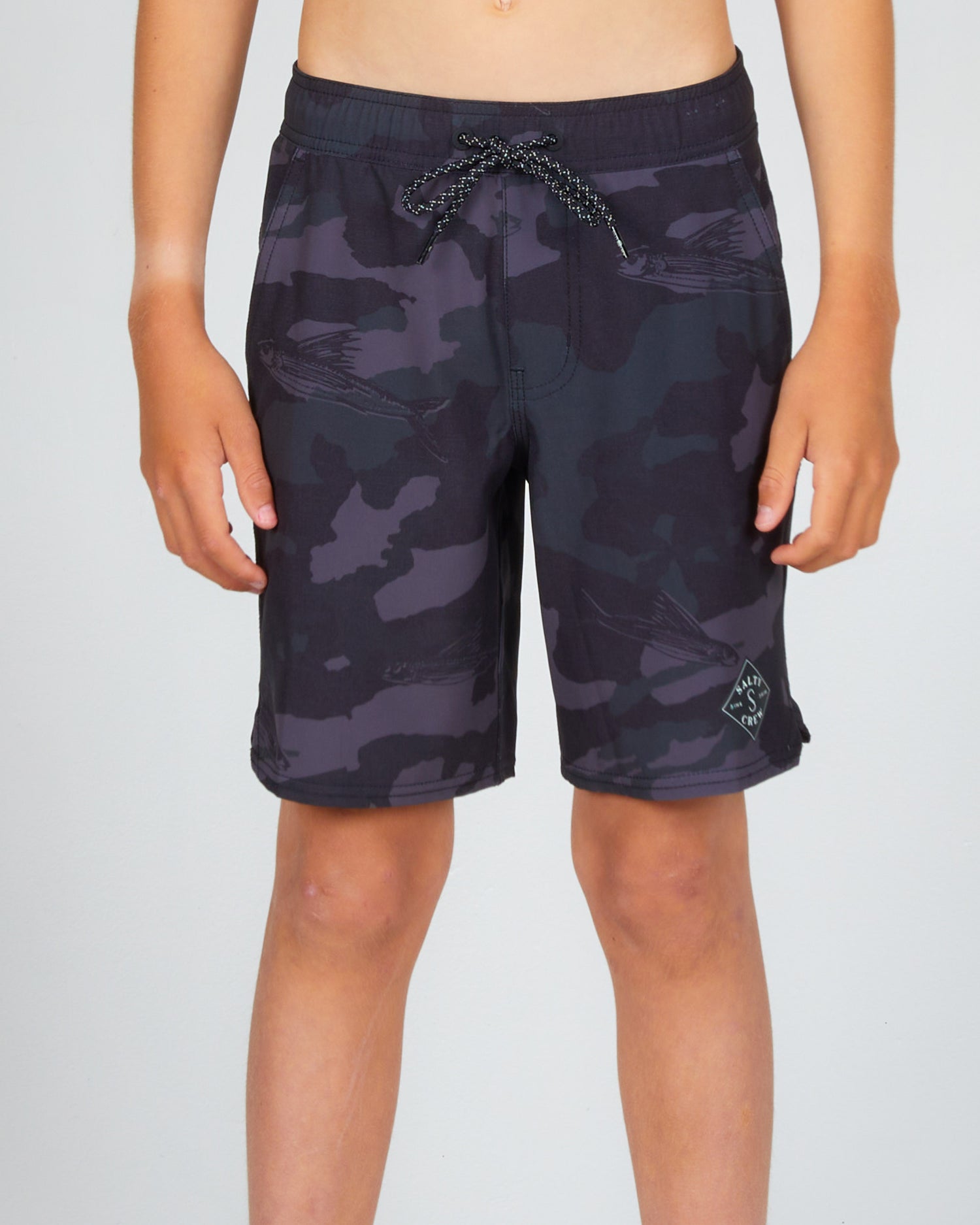 On body front view of the Lowtide Boys Black Camo Elastic Boardshort