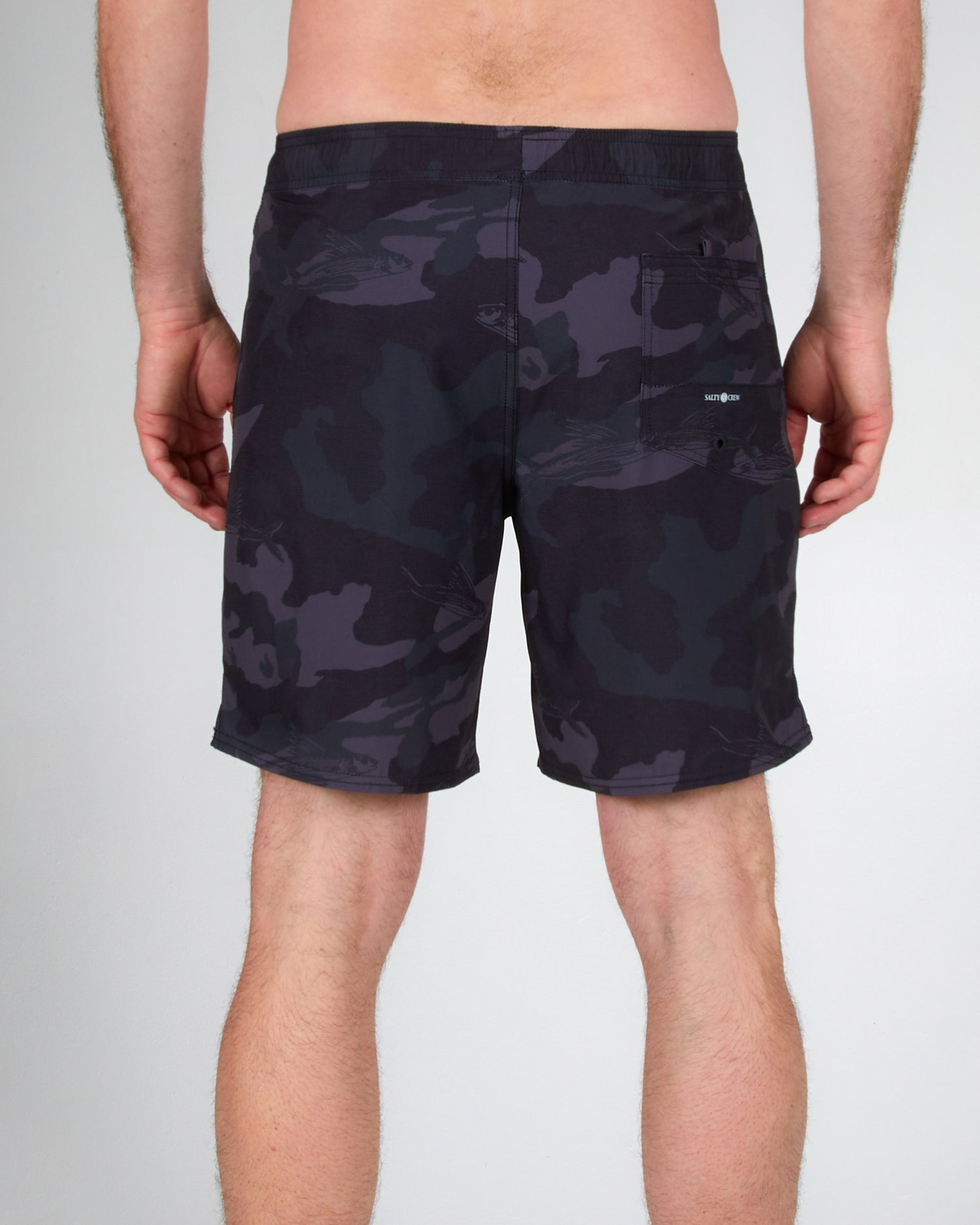 on body back of the Lowtide Black Camo Elastic Boardshort