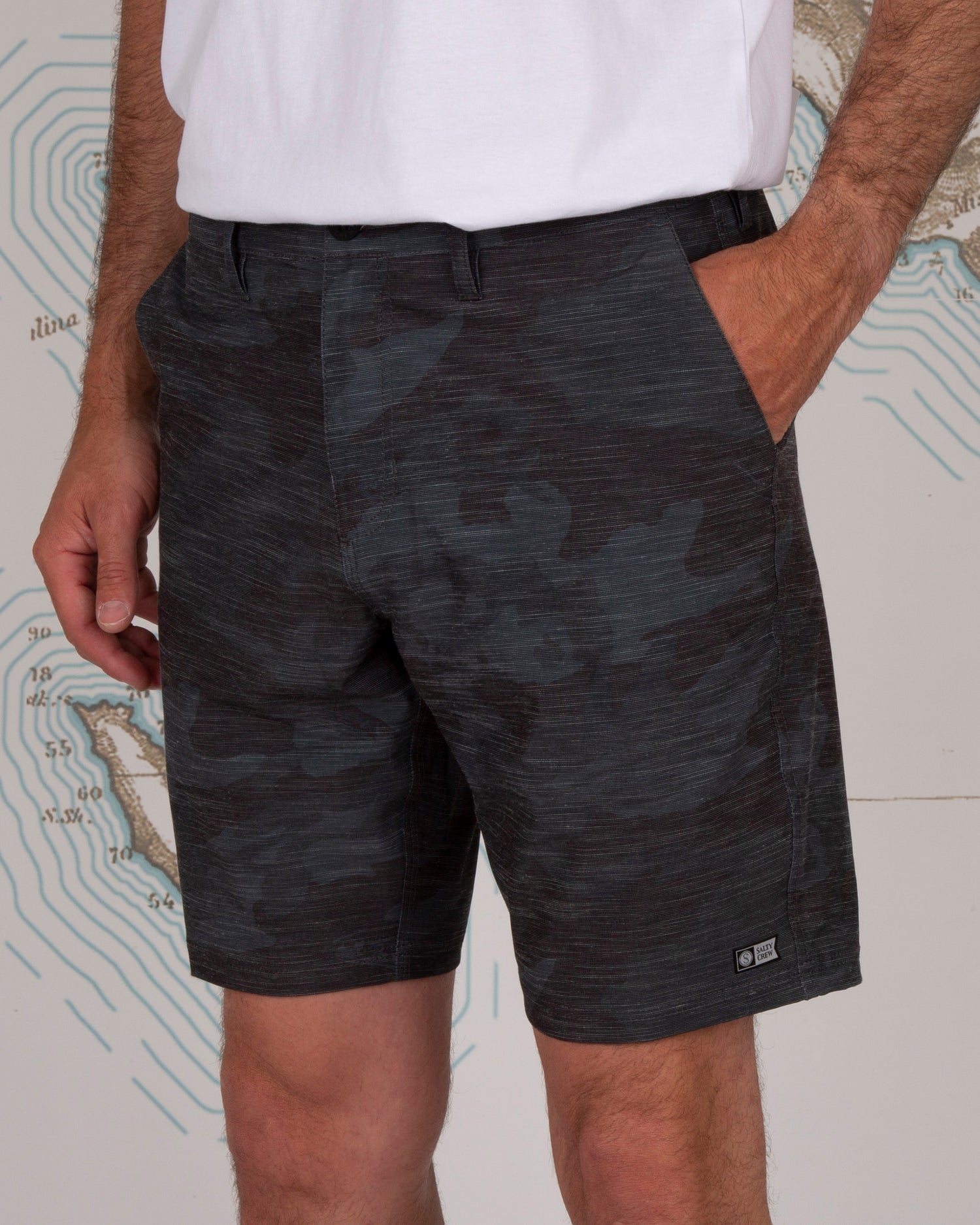 Front angle of Drifter 2 Black Camo Hybrid Walkshort
