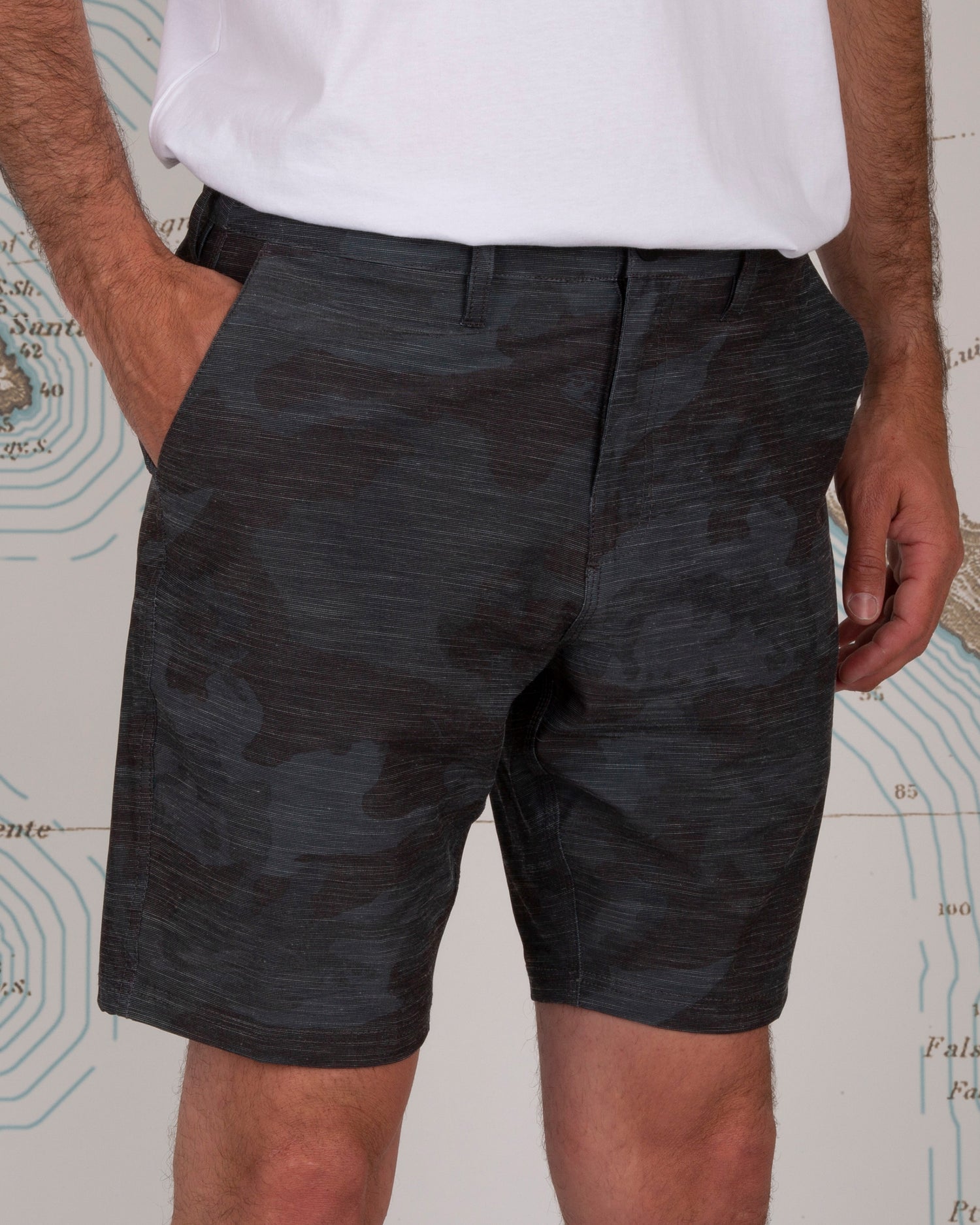 Front angle of Drifter 2 Black Camo Hybrid Walkshort