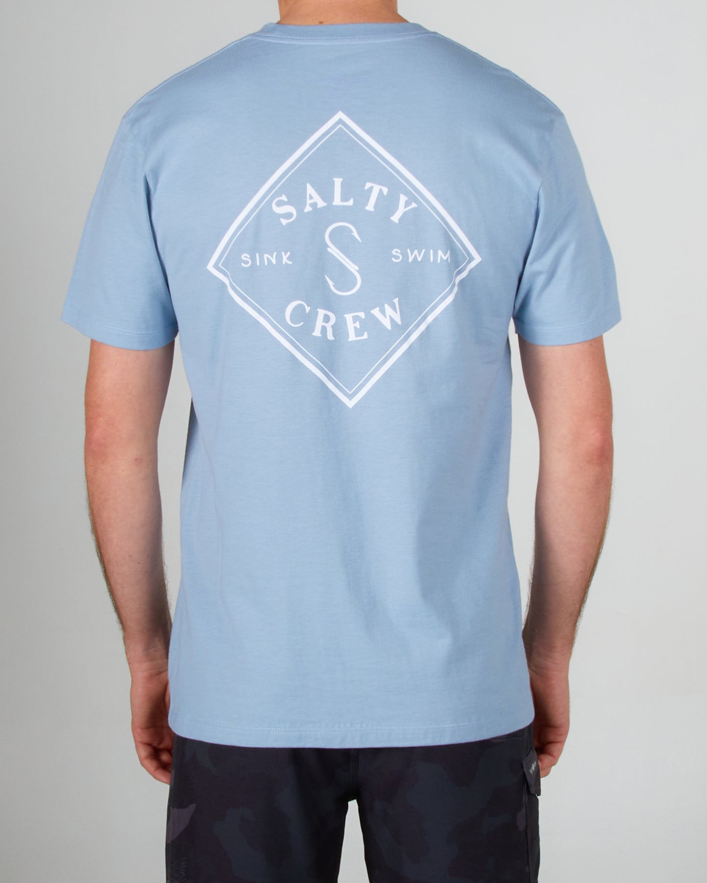 on body back view of the Tippet Marine Blue S/S Premium Tee